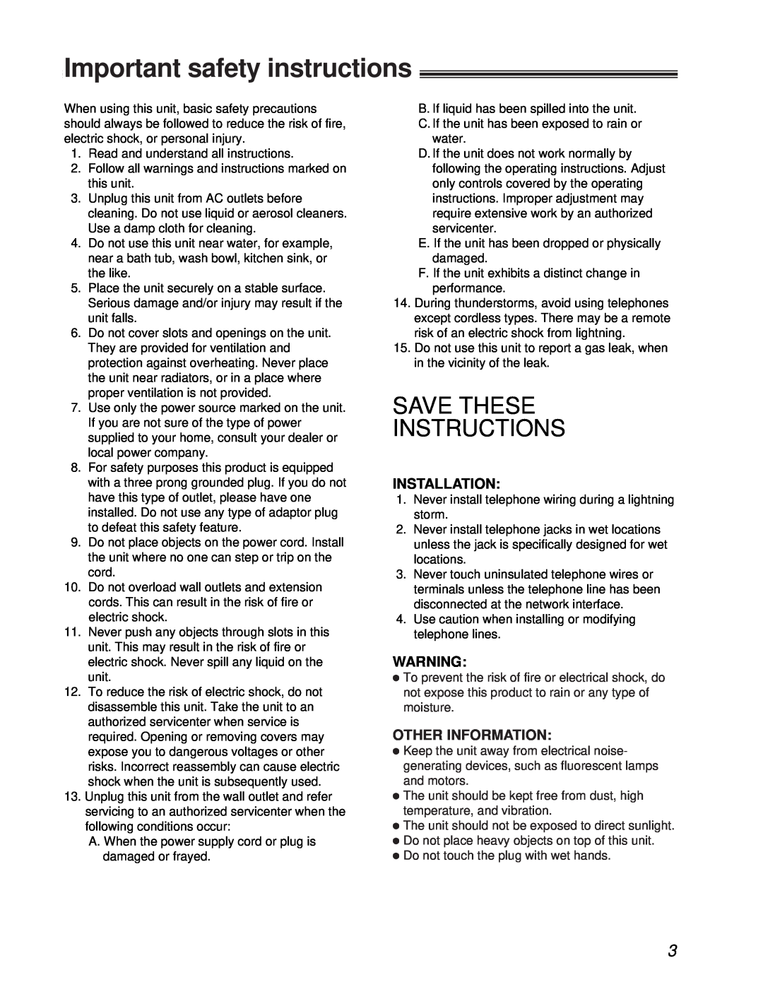 Panasonic KX-FT31BX quick start Important safety instructions, Save These Instructions, Installation, Other Information 