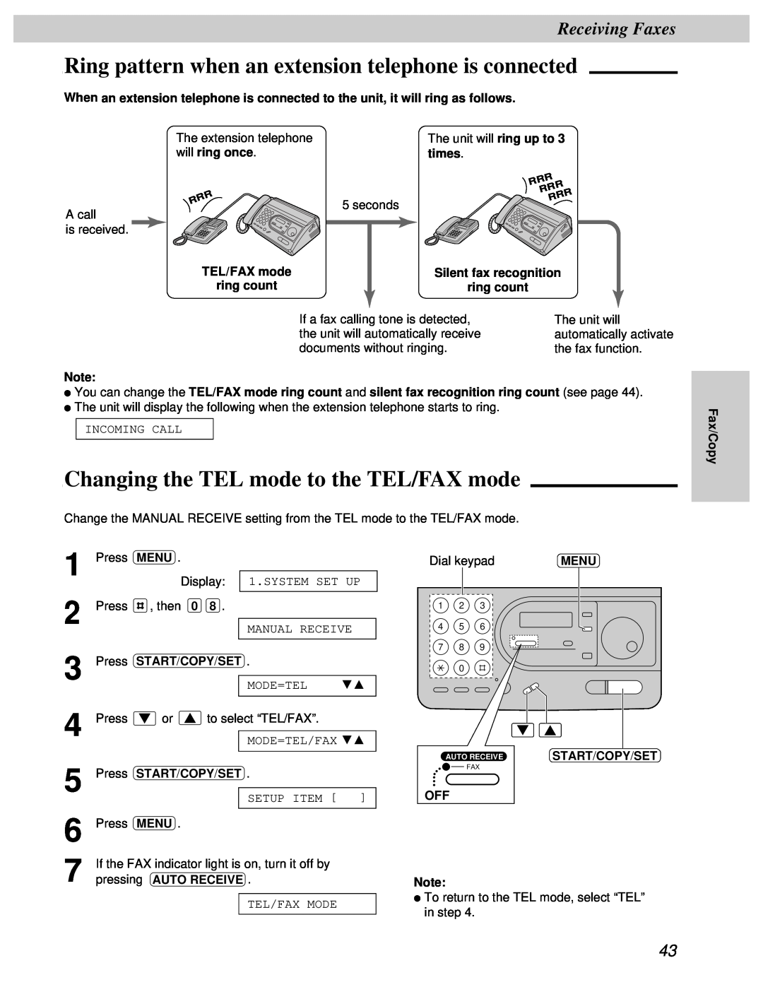 Panasonic KX-FT31BX Ring pattern when an extension telephone is connected, Changing the TEL mode to the TEL/FAX mode 