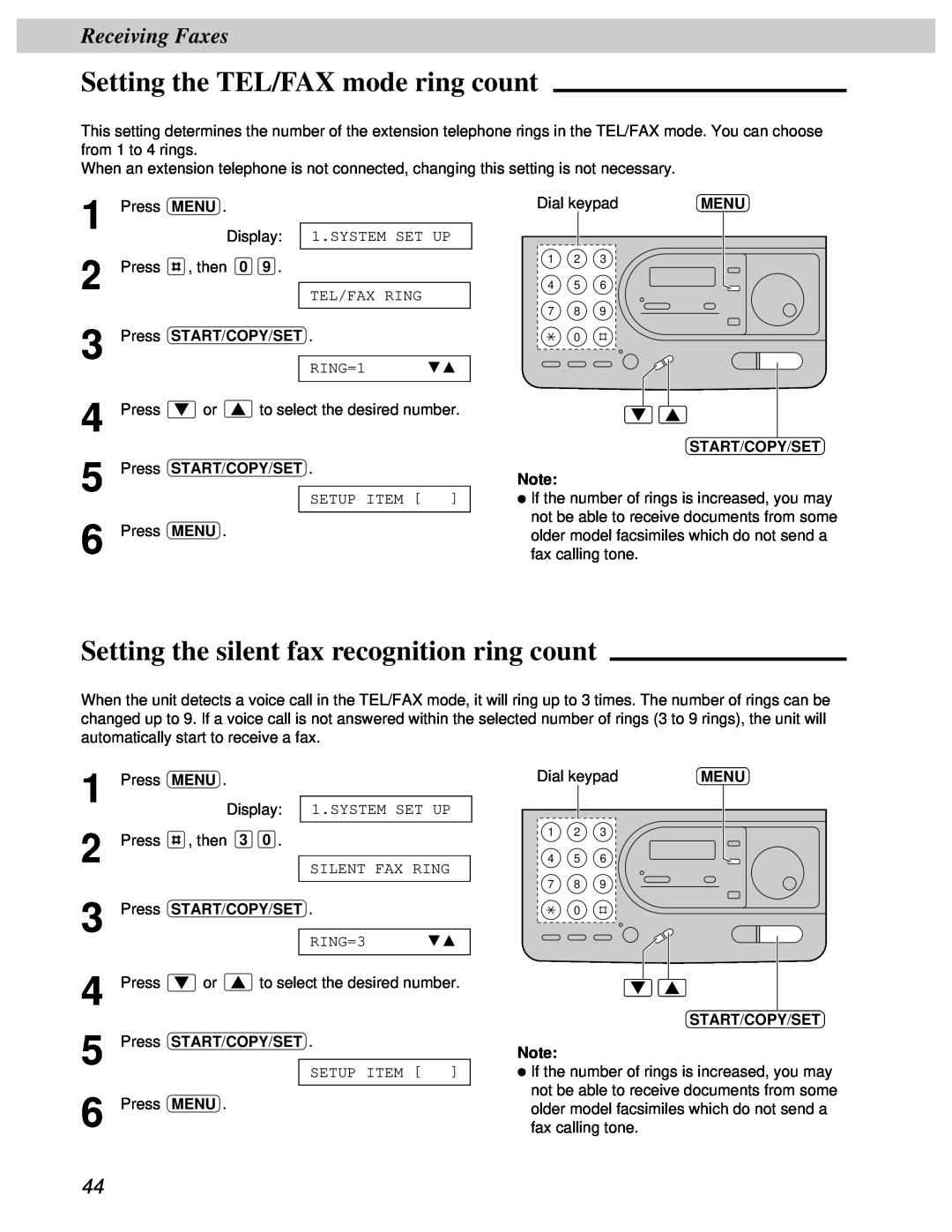 Panasonic KX-FT31BX Setting the TEL/FAX mode ring count, Setting the silent fax recognition ring count, Receiving Faxes 