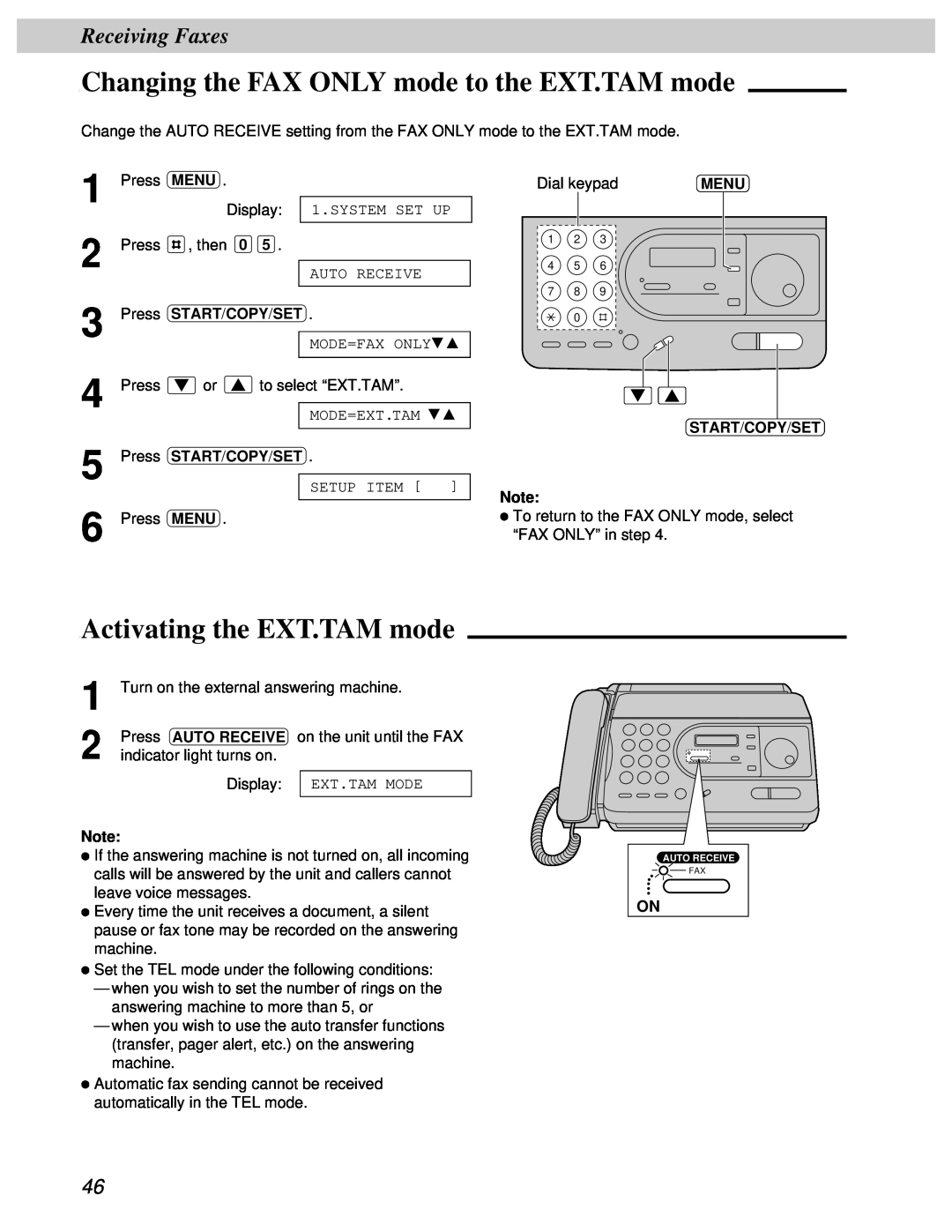 Panasonic KX-FT31BX Changing the FAX ONLY mode to the EXT.TAM mode, Activating the EXT.TAM mode, Receiving Faxes 