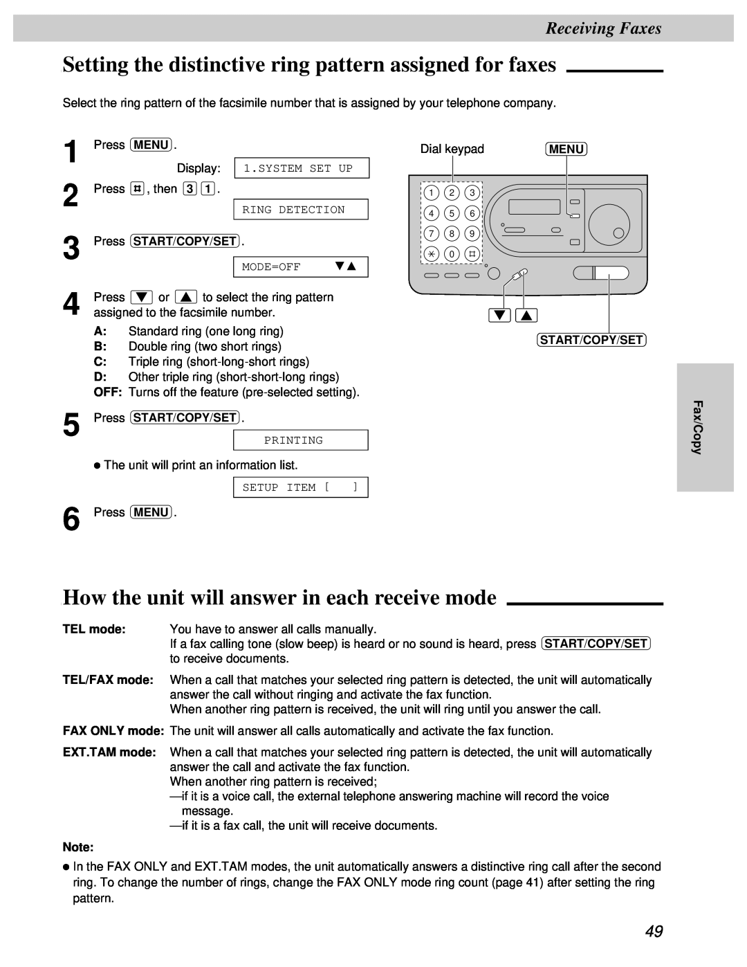 Panasonic KX-FT31BX Setting the distinctive ring pattern assigned for faxes, How the unit will answer in each receive mode 