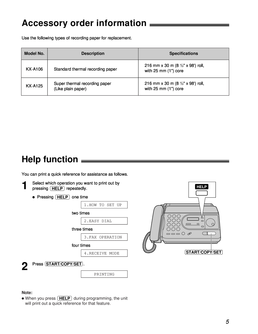 Panasonic KX-FT31BX Accessory order information, Help function, Model No, Description, Specifications, Start/Copy/Set 