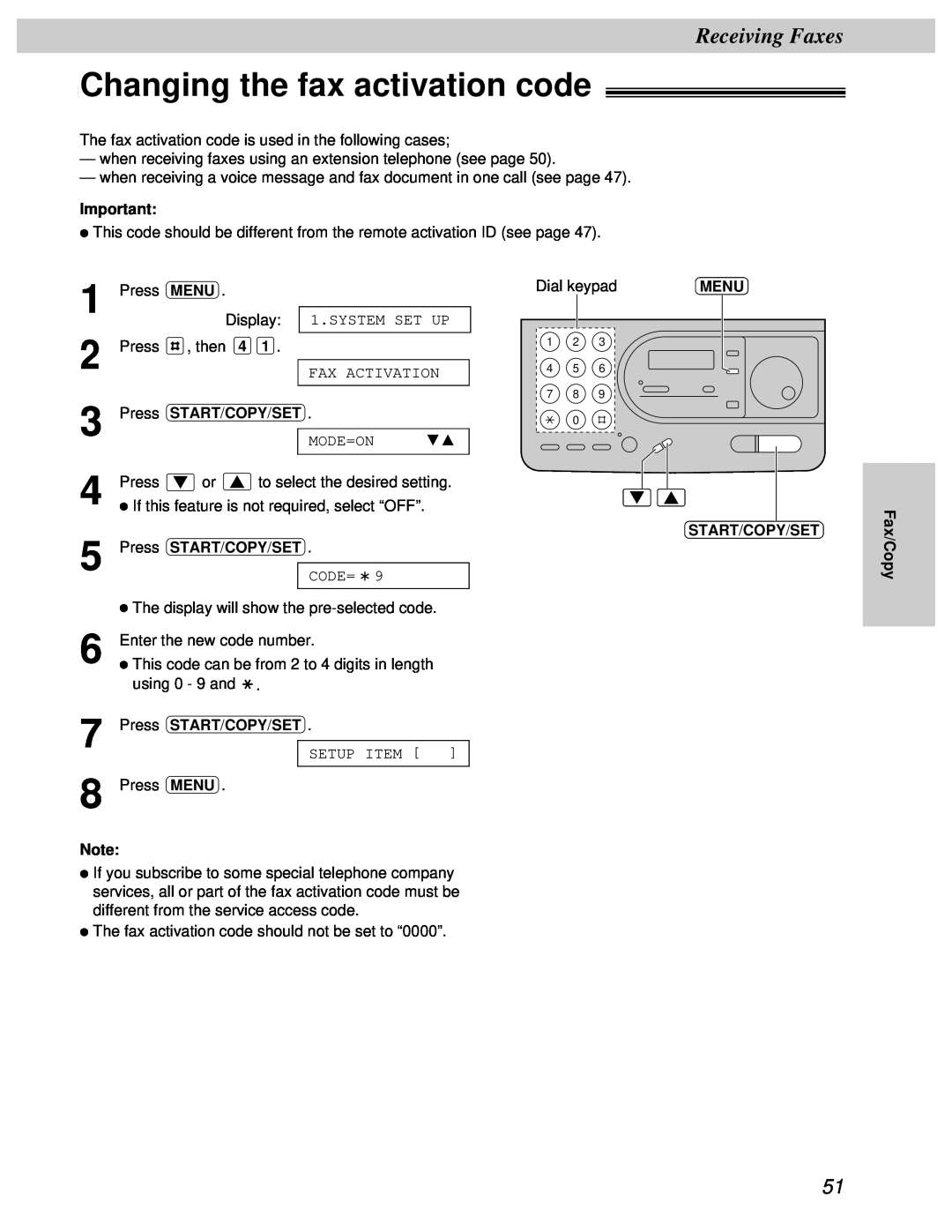 Panasonic KX-FT31BX quick start Changing the fax activation code, Receiving Faxes, Mode=On 
