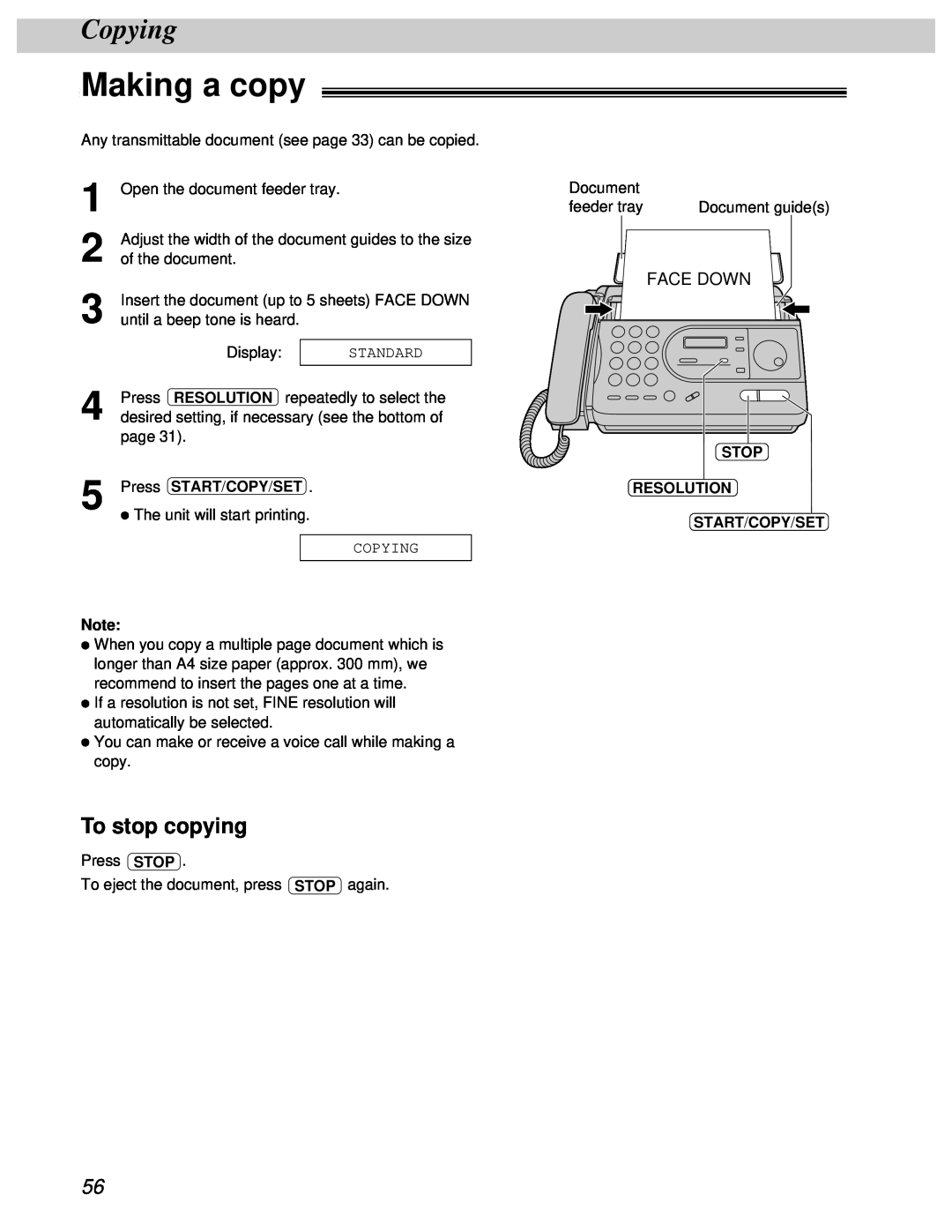 Panasonic KX-FT31BX quick start Making a copy, Copying, To stop copying 