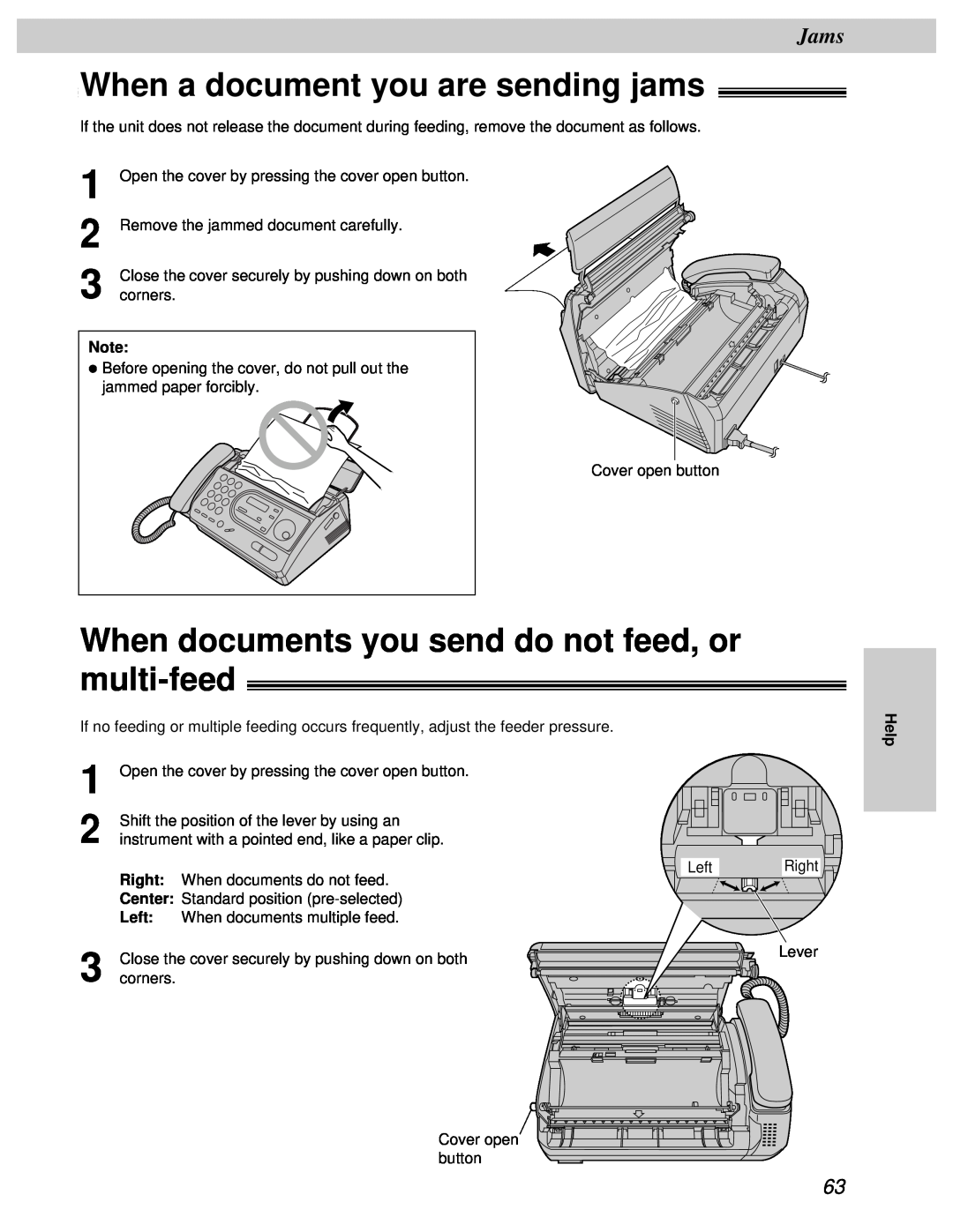 Panasonic KX-FT31BX When a document you are sending jams, When documents you send do not feed, or multi-feed, Jams 