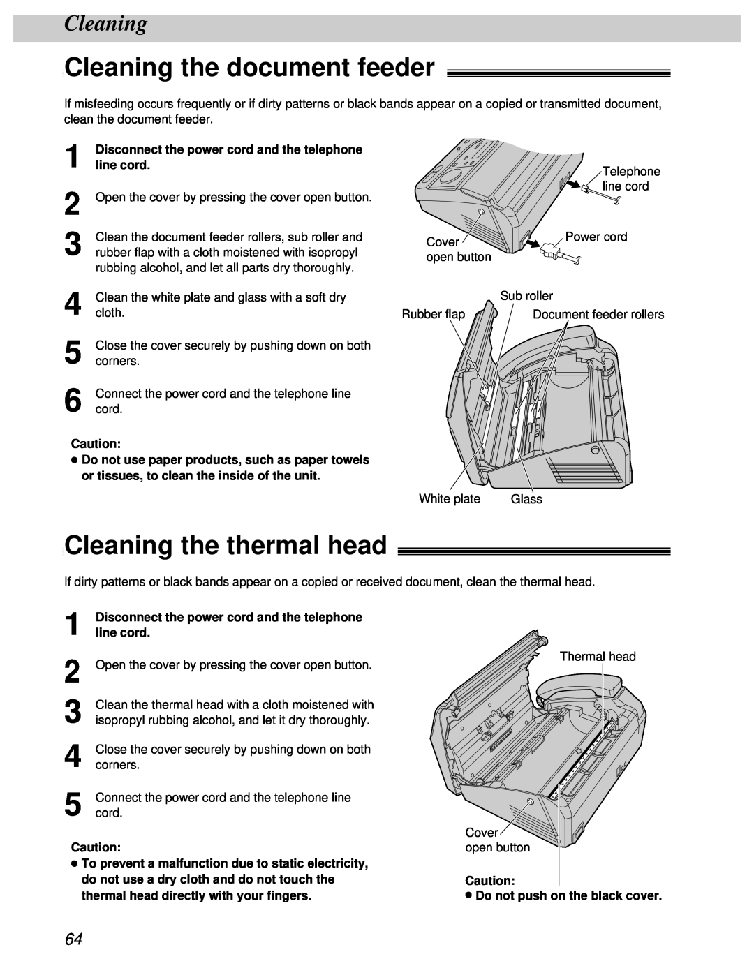Panasonic KX-FT31BX quick start Cleaning the document feeder, Cleaning the thermal head 