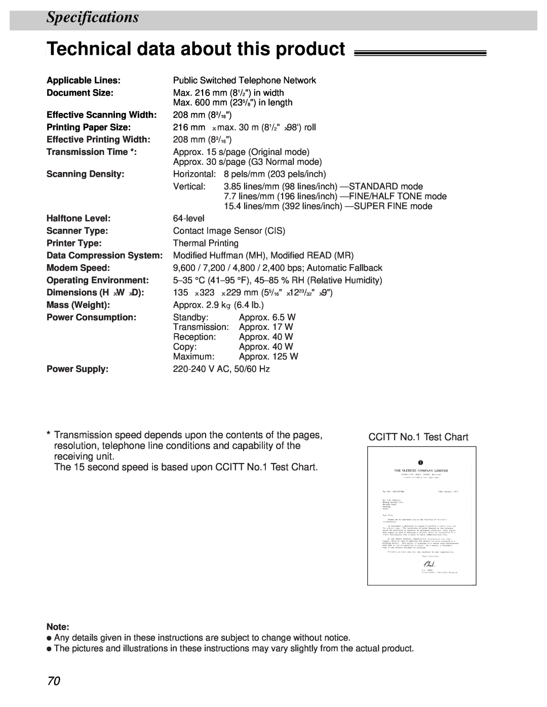 Panasonic KX-FT31BX quick start Technical data about this product, Specifications 