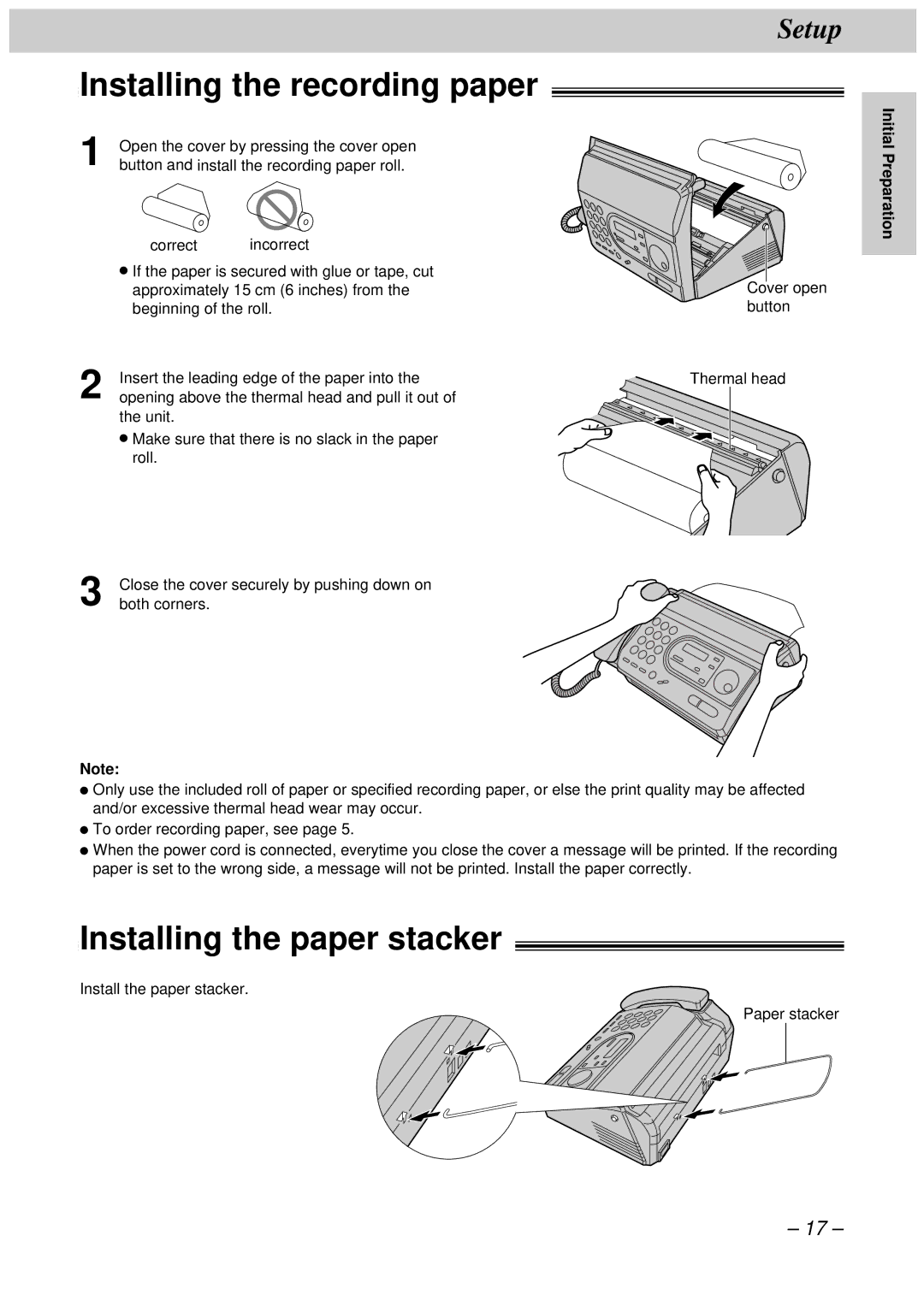 Panasonic KX-FT34HK, KX-FT33HK quick start Installing the recording paper, Installing the paper stacker 