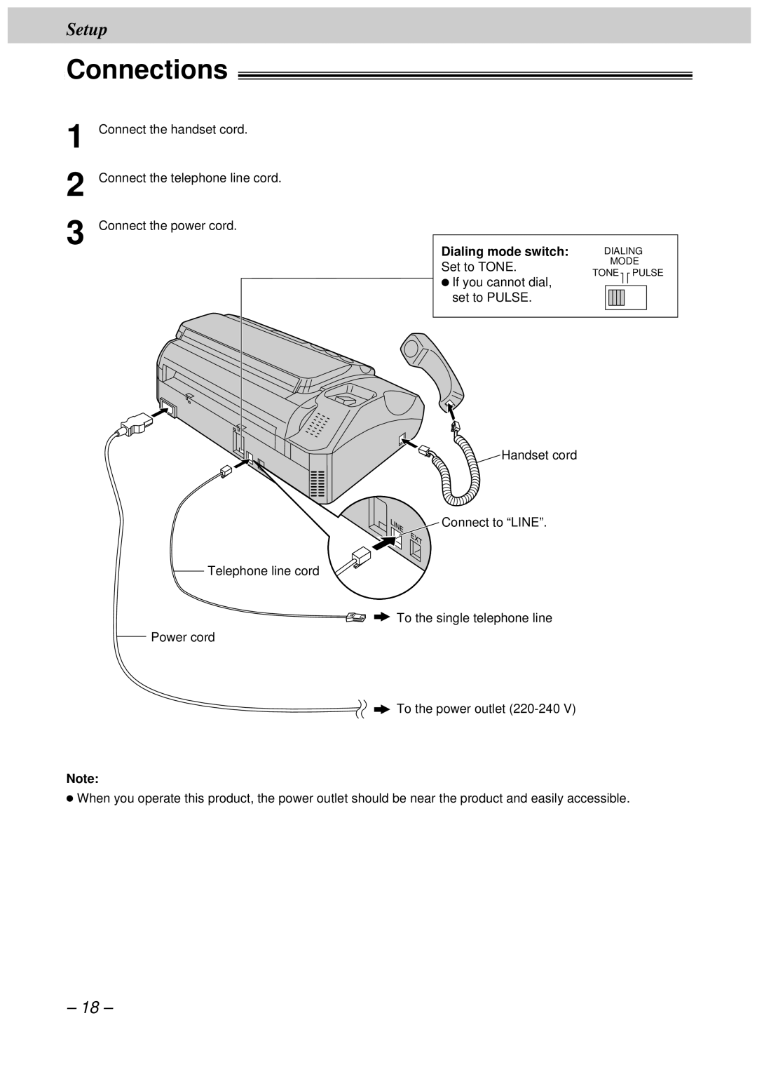 Panasonic KX-FT33HK, KX-FT34HK quick start Connections, Dialing mode switch 