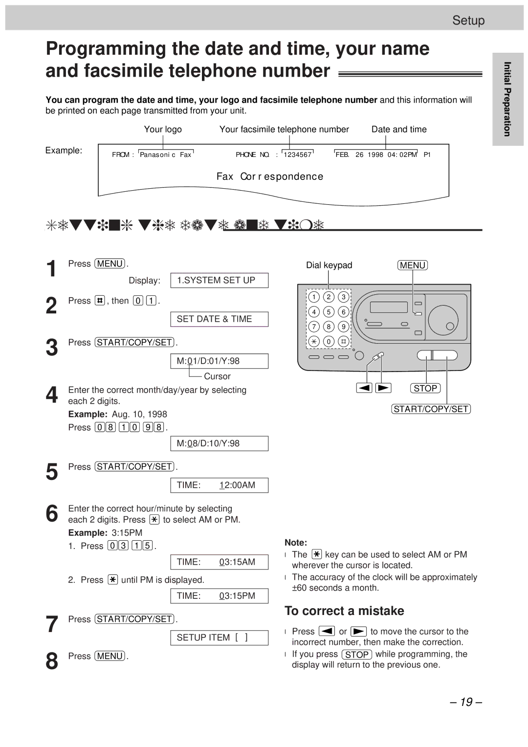 Panasonic KX-FT34HK, KX-FT33HK quick start Setting the date and time, To correct a mistake, Example 315PM 