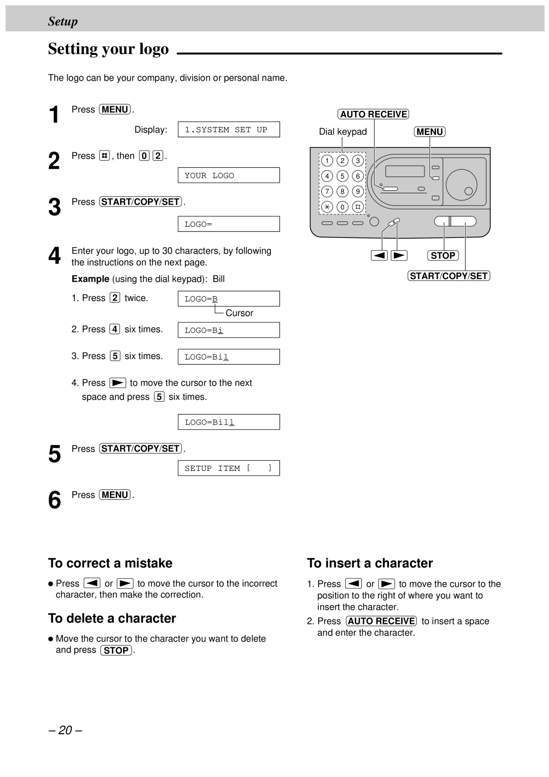 Panasonic KX-FT33HK, KX-FT34HK quick start Setting your logo, To delete a character, To insert a character 