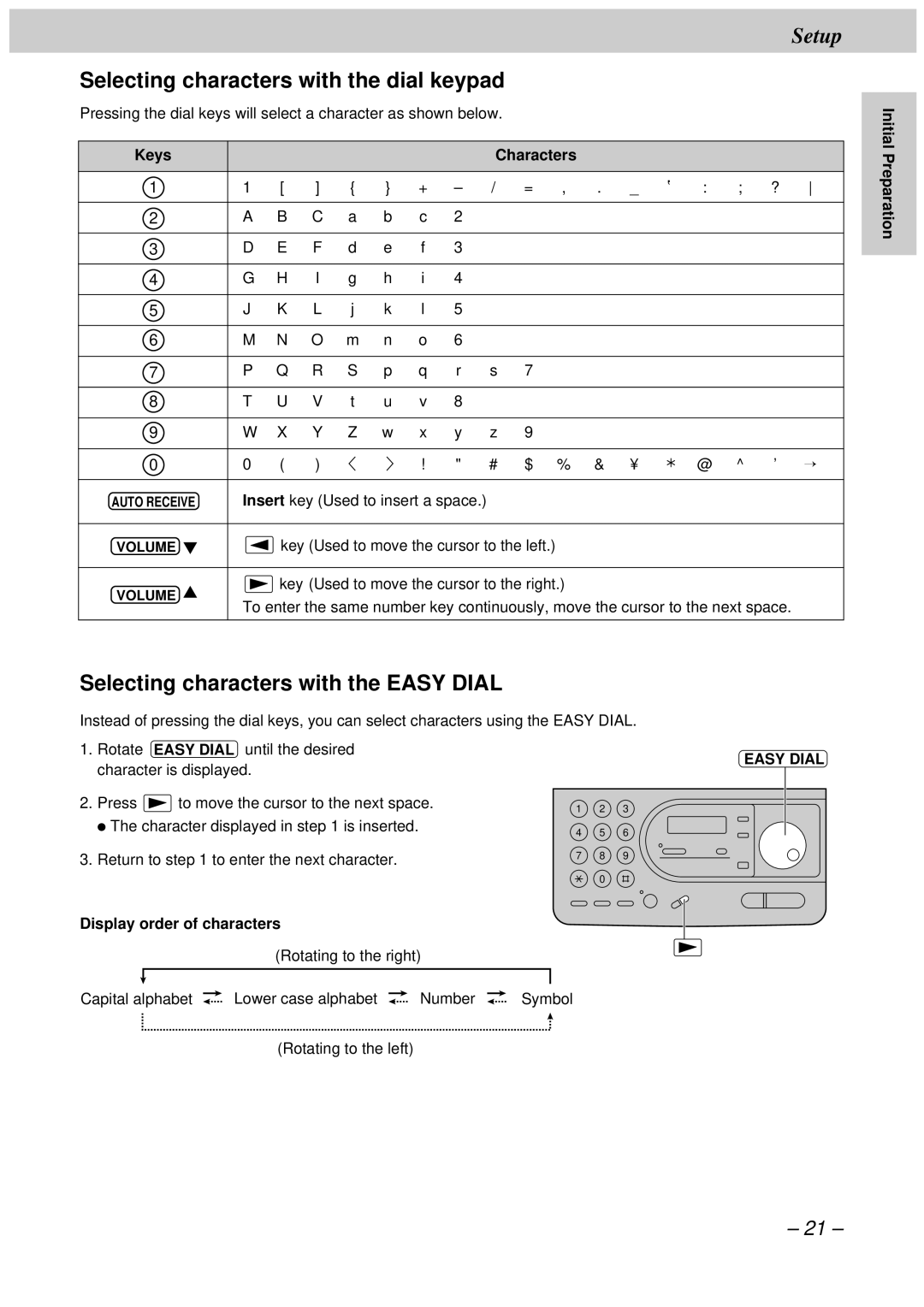 Panasonic KX-FT34HK Selecting characters with the dial keypad, Selecting characters with the Easy Dial, Keys Characters 