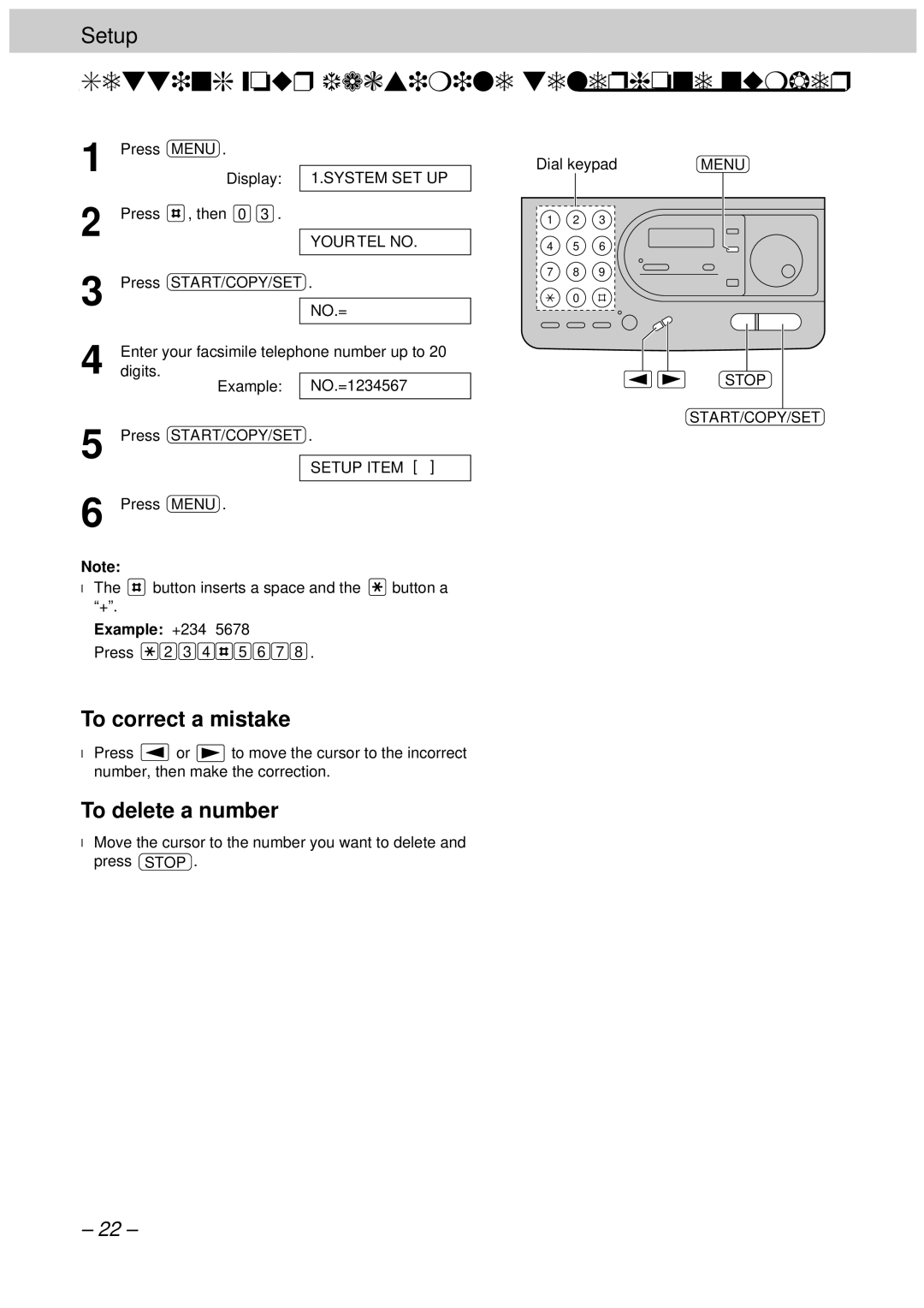 Panasonic KX-FT33HK, KX-FT34HK Setting your facsimile telephone number, To delete a number, Example +234 Press 2 3 4 5 6 7 