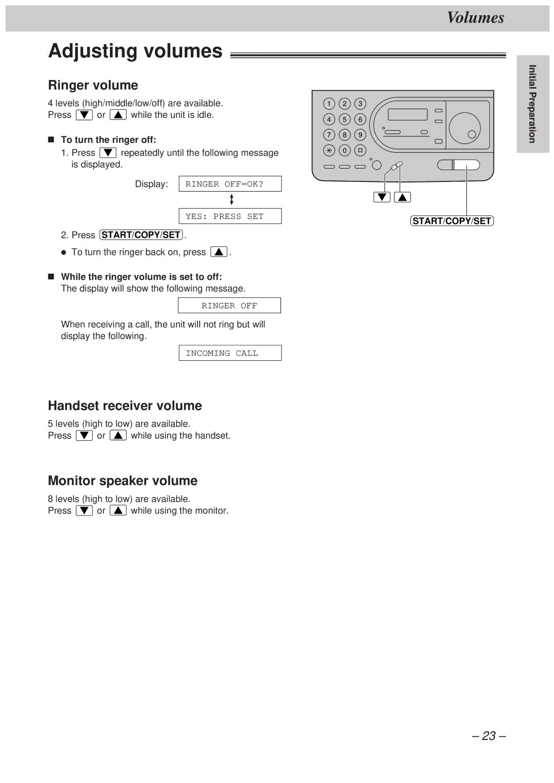 Panasonic KX-FT34HK, KX-FT33HK quick start Adjusting volumes, Ringer volume, Handset receiver volume, Monitor speaker volume 