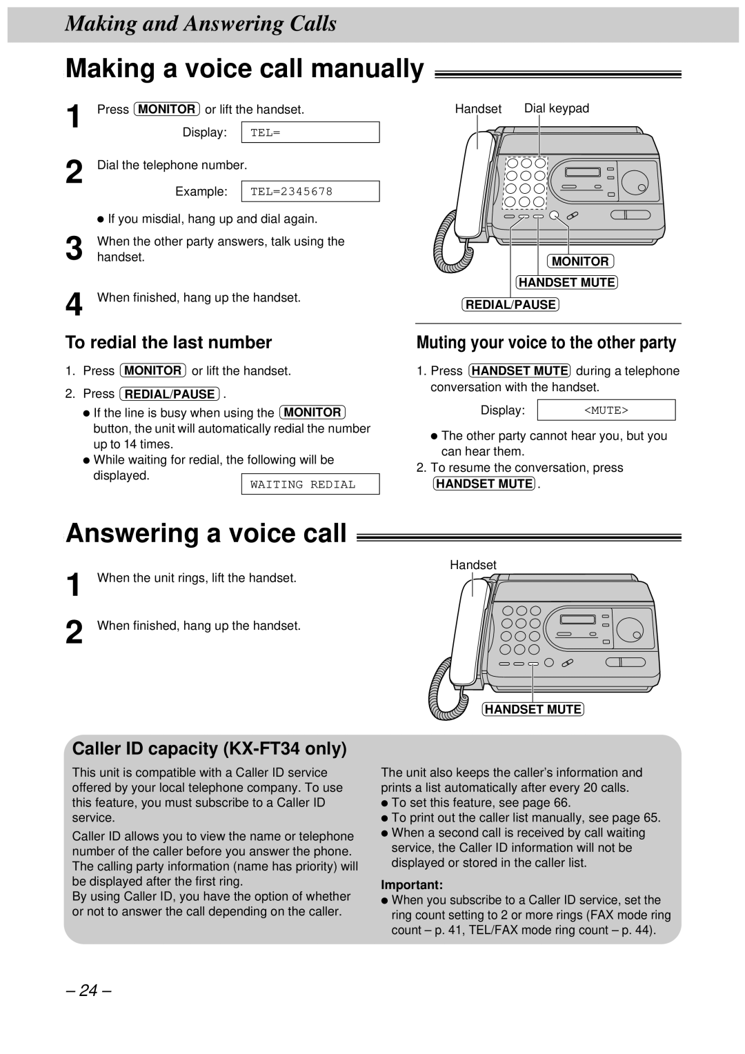 Panasonic KX-FT33HK, KX-FT34HK quick start Making a voice call manually, Answering a voice call, To redial the last number 