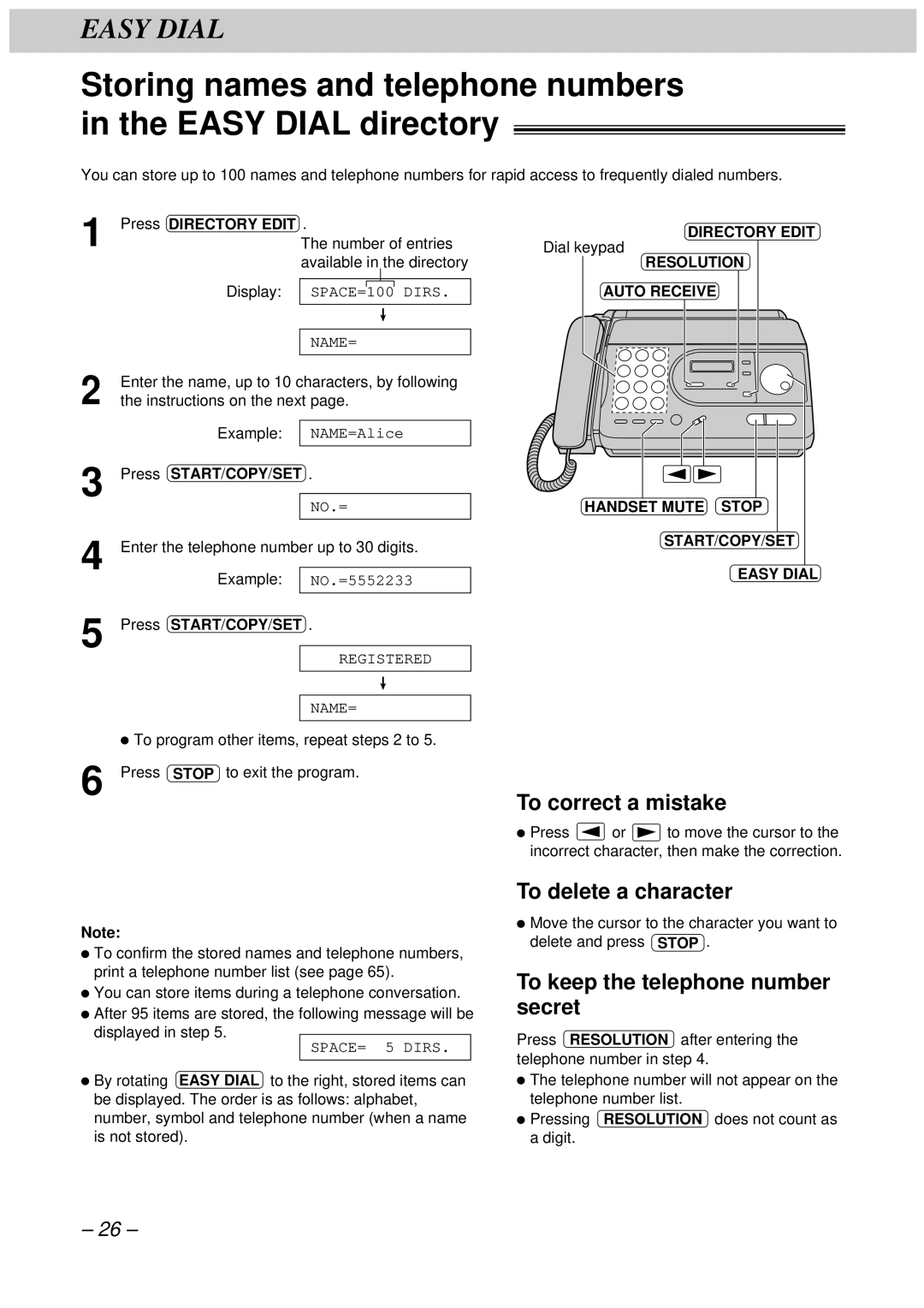 Panasonic KX-FT33HK, KX-FT34HK quick start To keep the telephone number secret, Press Directory Edit 