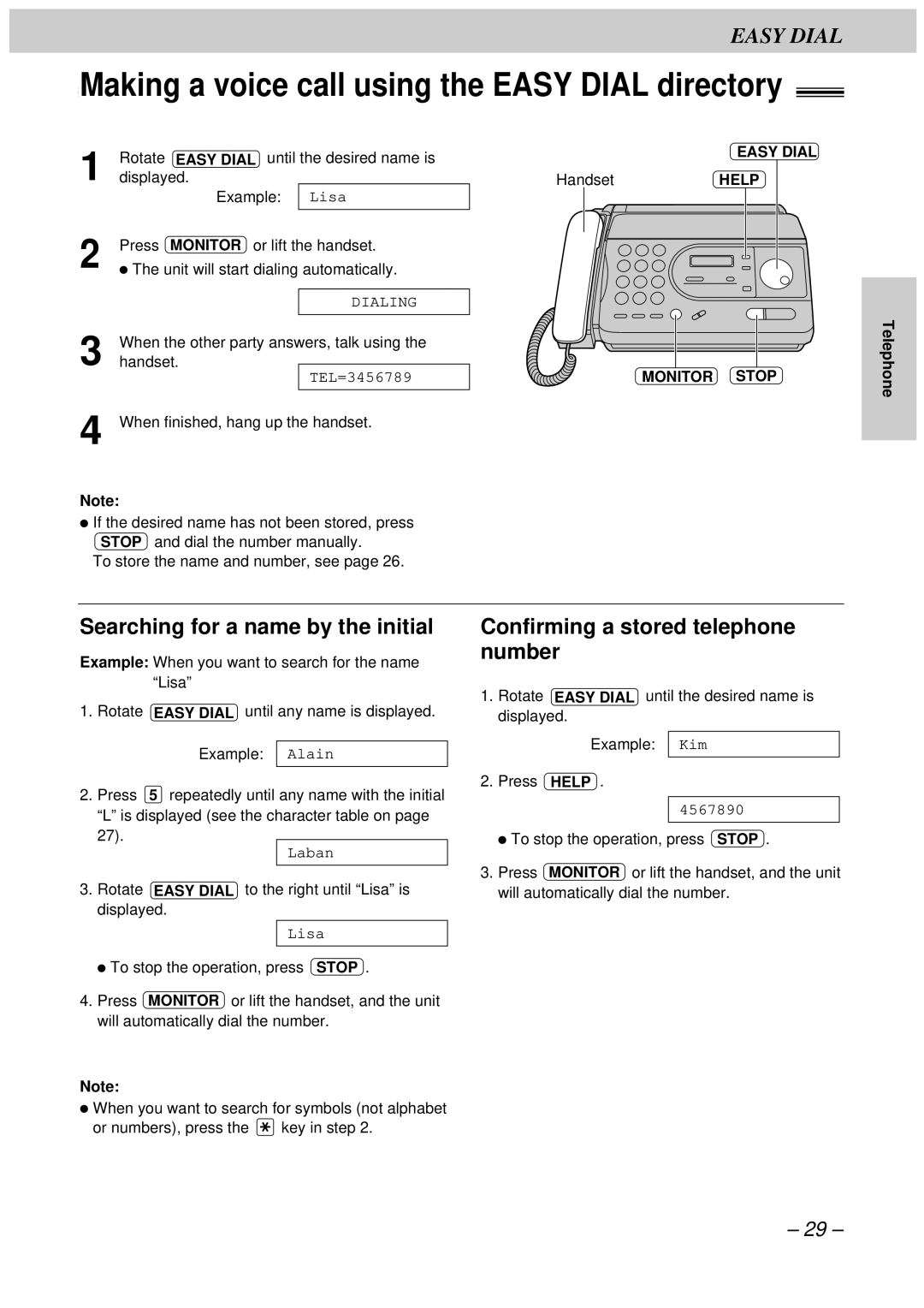 Panasonic KX-FT34HK, KX-FT33HK Making a voice call using the Easy Dial directory, Searching for a name by the initial 