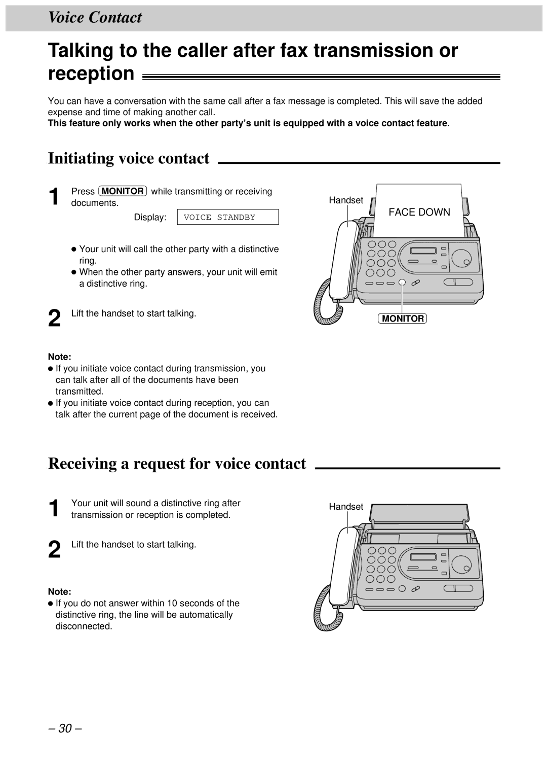 Panasonic KX-FT33HK, KX-FT34HK Talking to the caller after fax transmission or reception, Initiating voice contact 