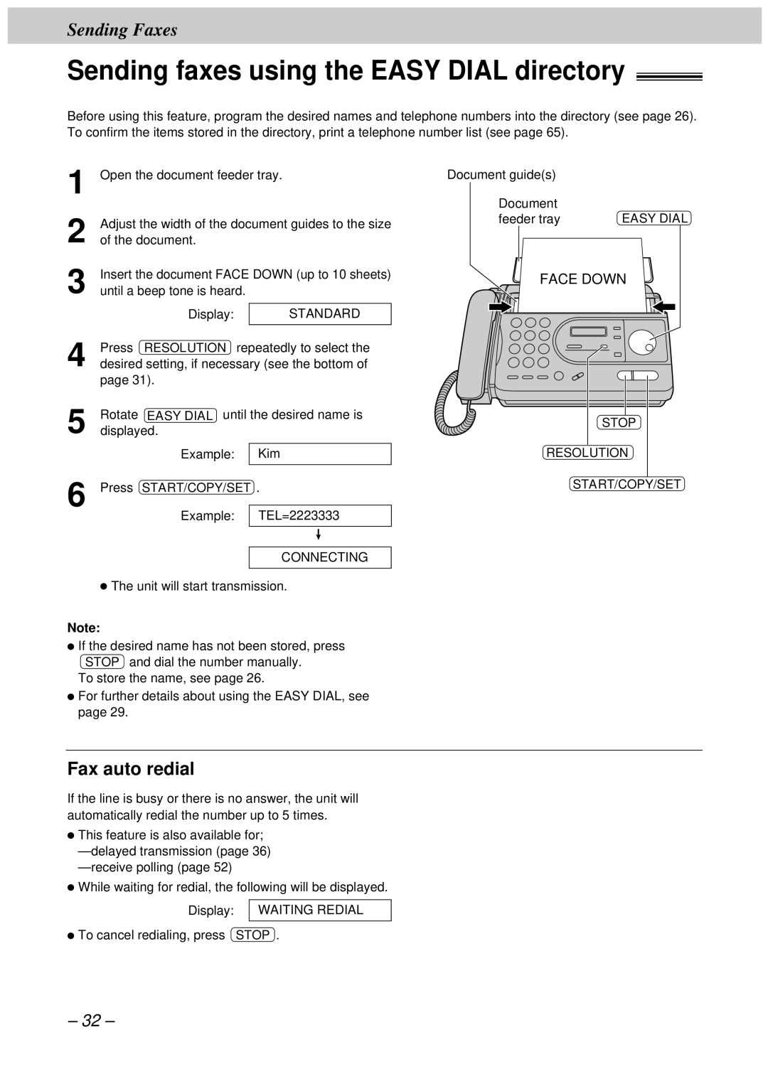 Panasonic KX-FT33HK, KX-FT34HK quick start Sending faxes using the Easy Dial directory, Fax auto redial, Press Resolution 