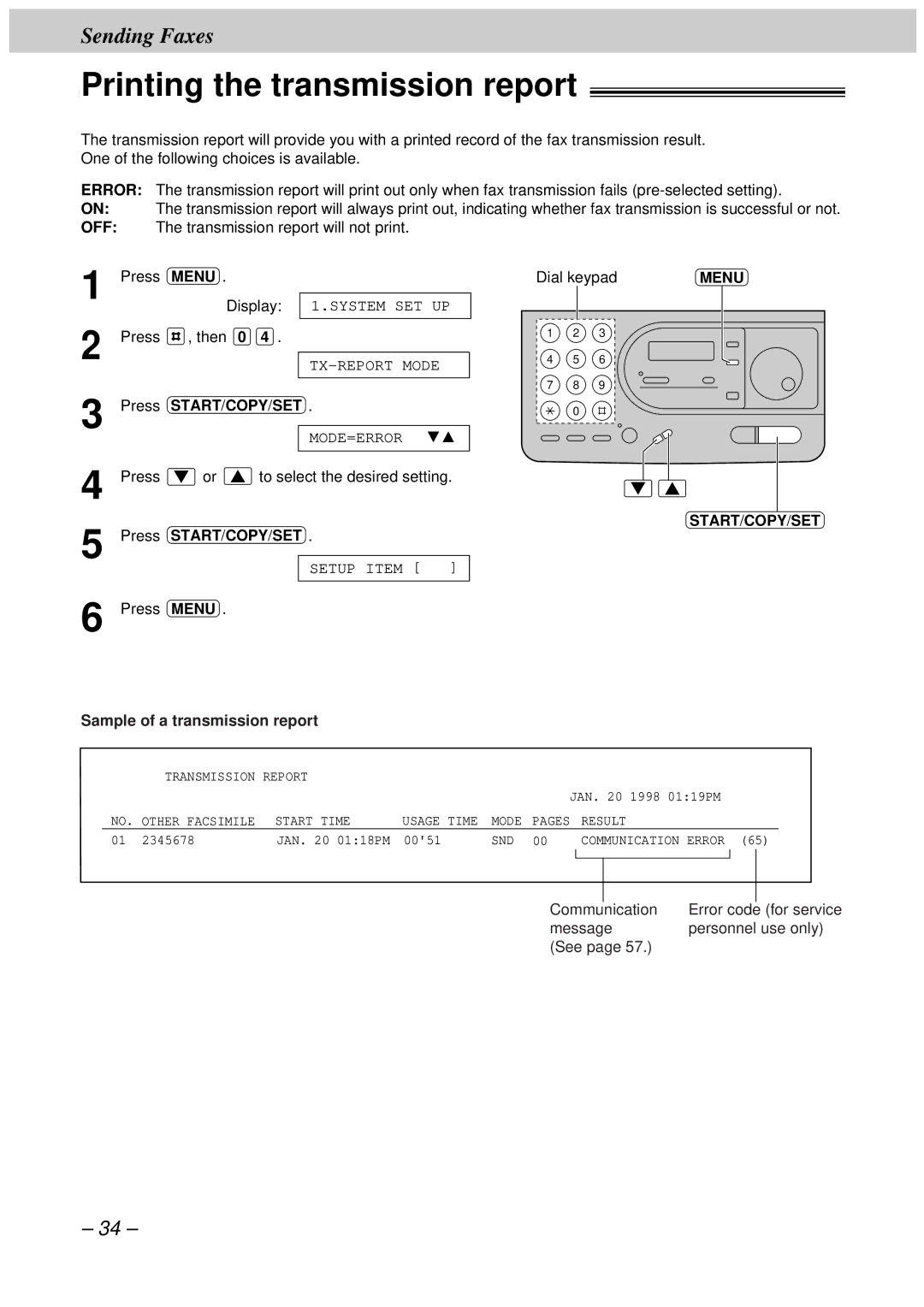 Panasonic KX-FT33HK, KX-FT34HK quick start Printing the transmission report, Sample of a transmission report 