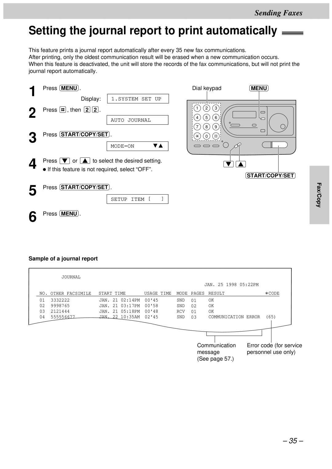 Panasonic KX-FT34HK, KX-FT33HK quick start Setting the journal report to print automatically, Sample of a journal report 