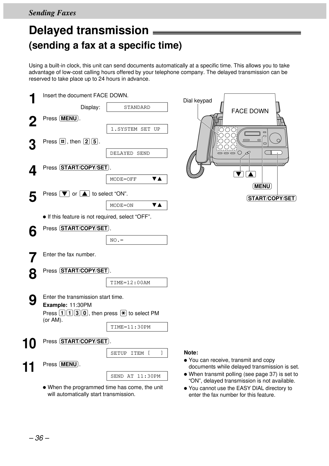 Panasonic KX-FT33HK, KX-FT34HK quick start Delayed transmission, Sending a fax at a specific time, Example 1130PM 