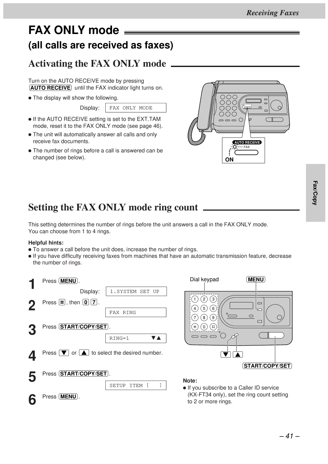 Panasonic KX-FT34HK, KX-FT33HK quick start All calls are received as faxes, Activating the FAX only mode, Helpful hints 