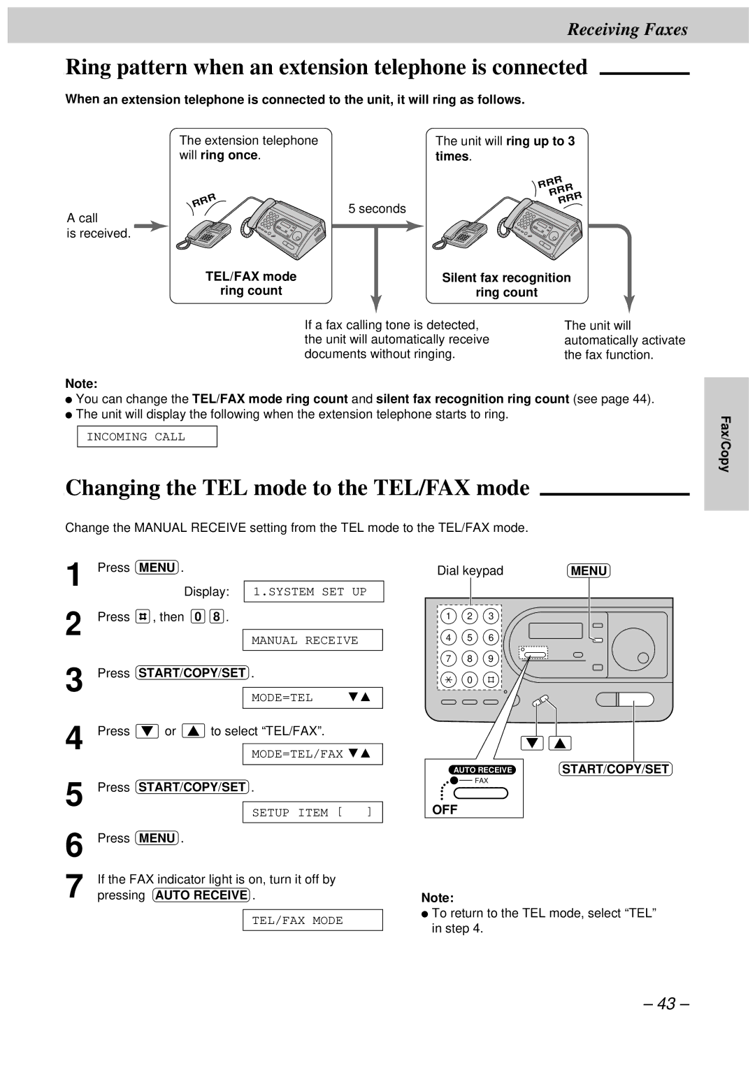 Panasonic KX-FT34HK Ring pattern when an extension telephone is connected, Changing the TEL mode to the TEL/FAX mode 