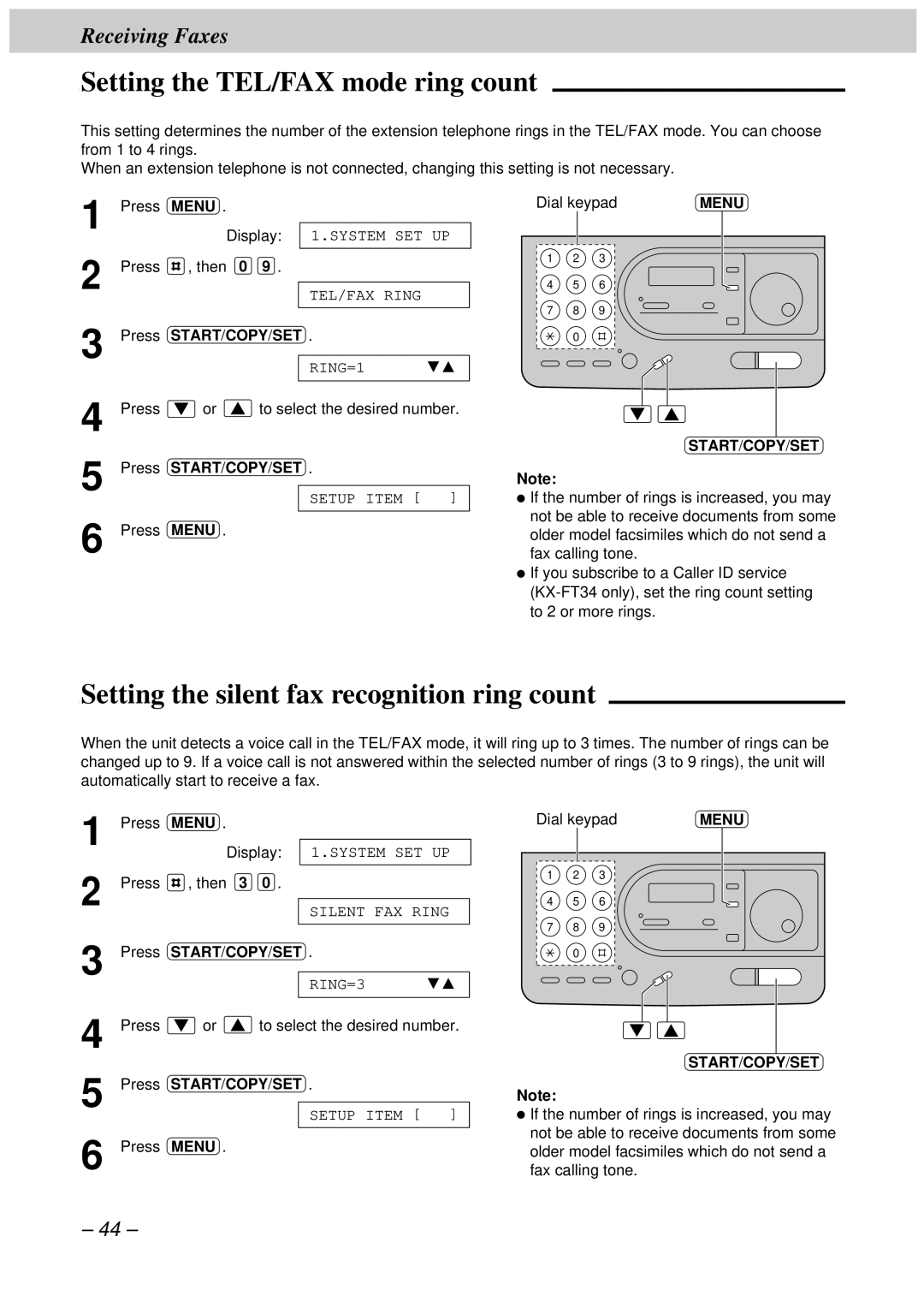 Panasonic KX-FT33HK, KX-FT34HK Setting the TEL/FAX mode ring count, Setting the silent fax recognition ring count 