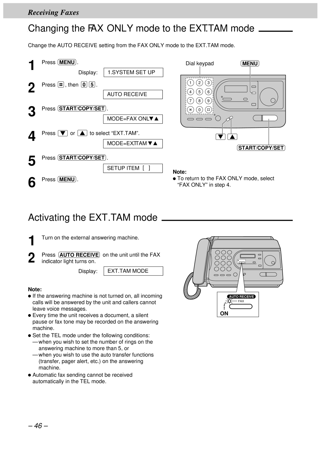 Panasonic KX-FT33HK Changing the FAX only mode to the EXT.TAM mode, Activating the EXT.TAM mode, Press Auto Receive 