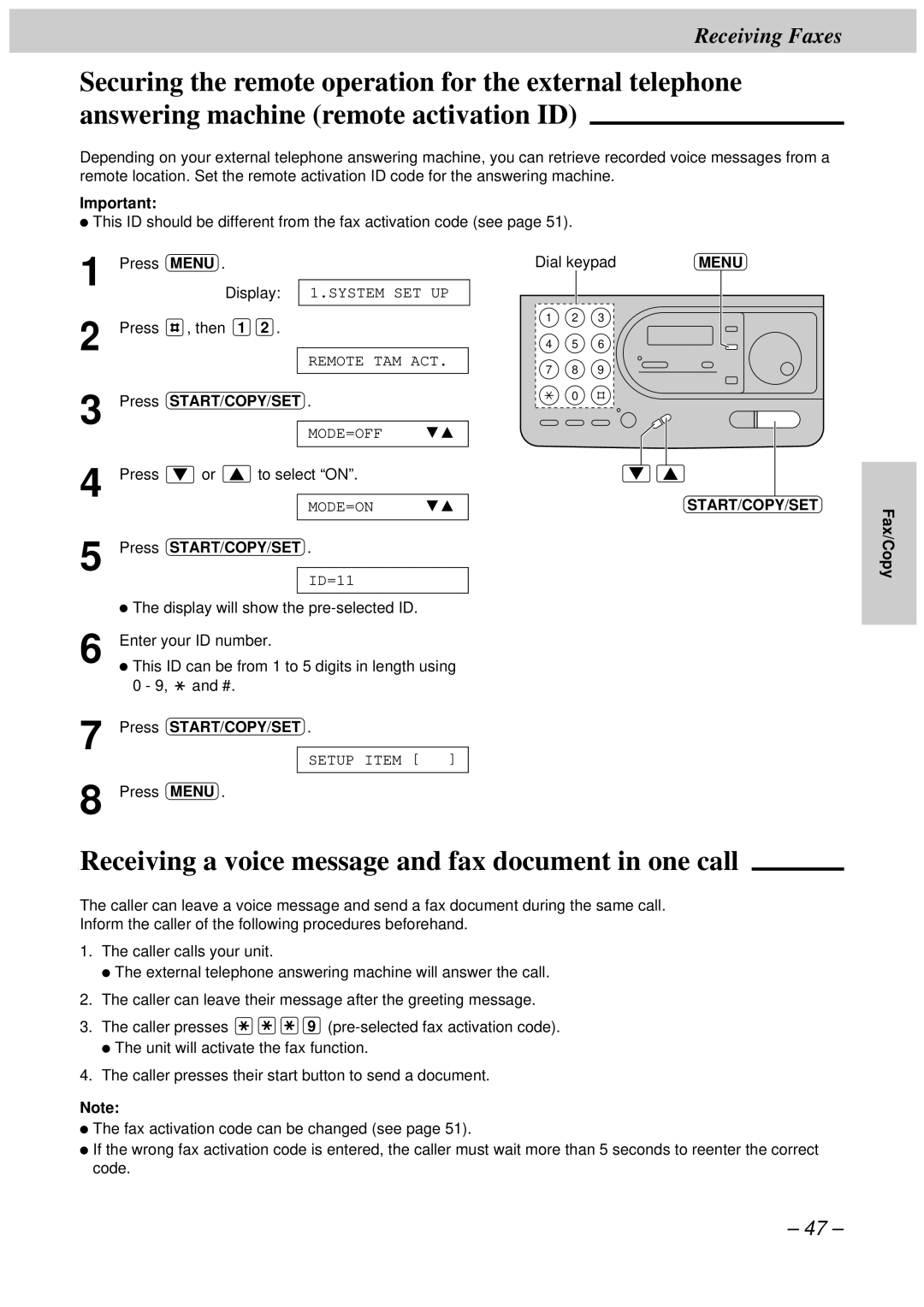 Panasonic KX-FT34HK, KX-FT33HK quick start Receiving a voice message and fax document in one call, Press START/COPY/SET 