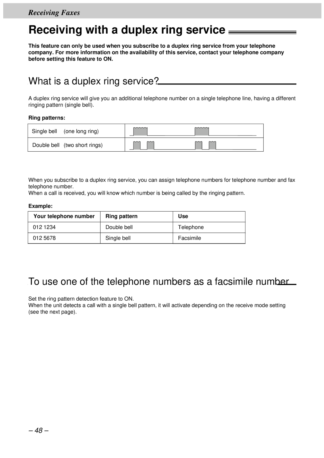 Panasonic KX-FT33HK, KX-FT34HK Receiving with a duplex ring service, What is a duplex ring service?, Ring patterns 