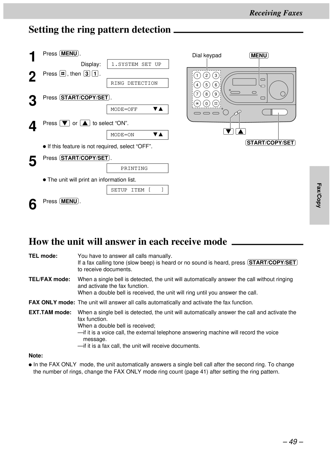 Panasonic KX-FT34HK, KX-FT33HK quick start Setting the ring pattern detection, How the unit will answer in each receive mode 