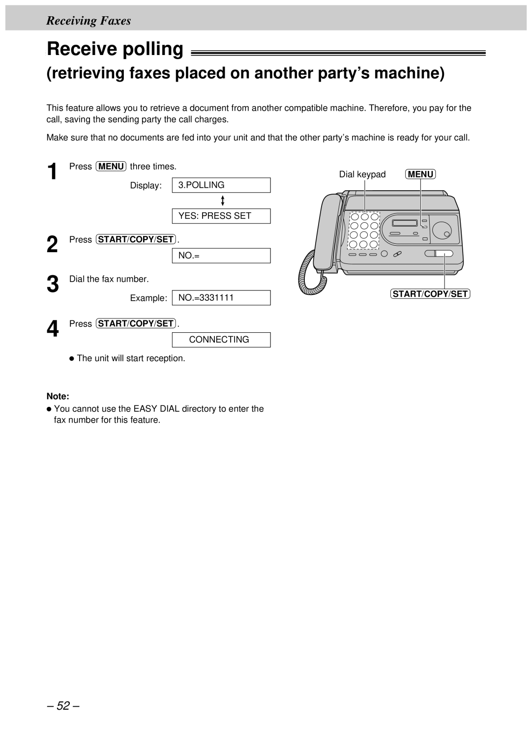 Panasonic KX-FT33HK, KX-FT34HK quick start Receive polling, Retrieving faxes placed on another party’s machine 