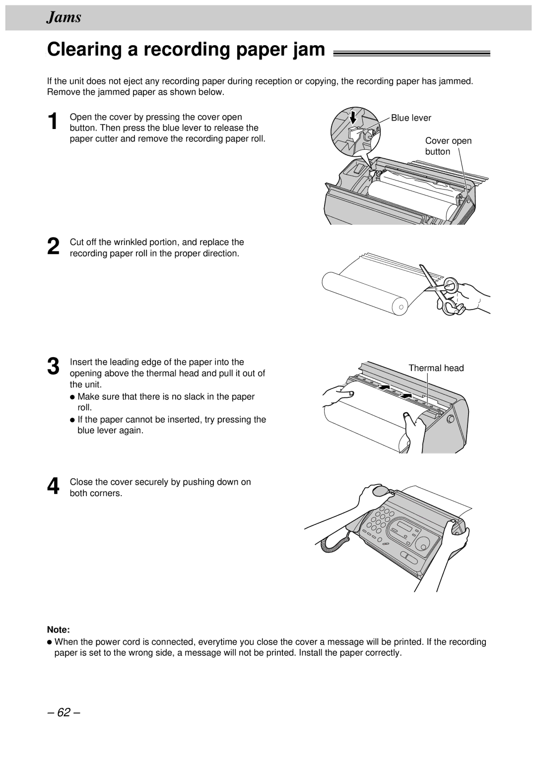 Panasonic KX-FT33HK, KX-FT34HK quick start Clearing a recording paper jam 