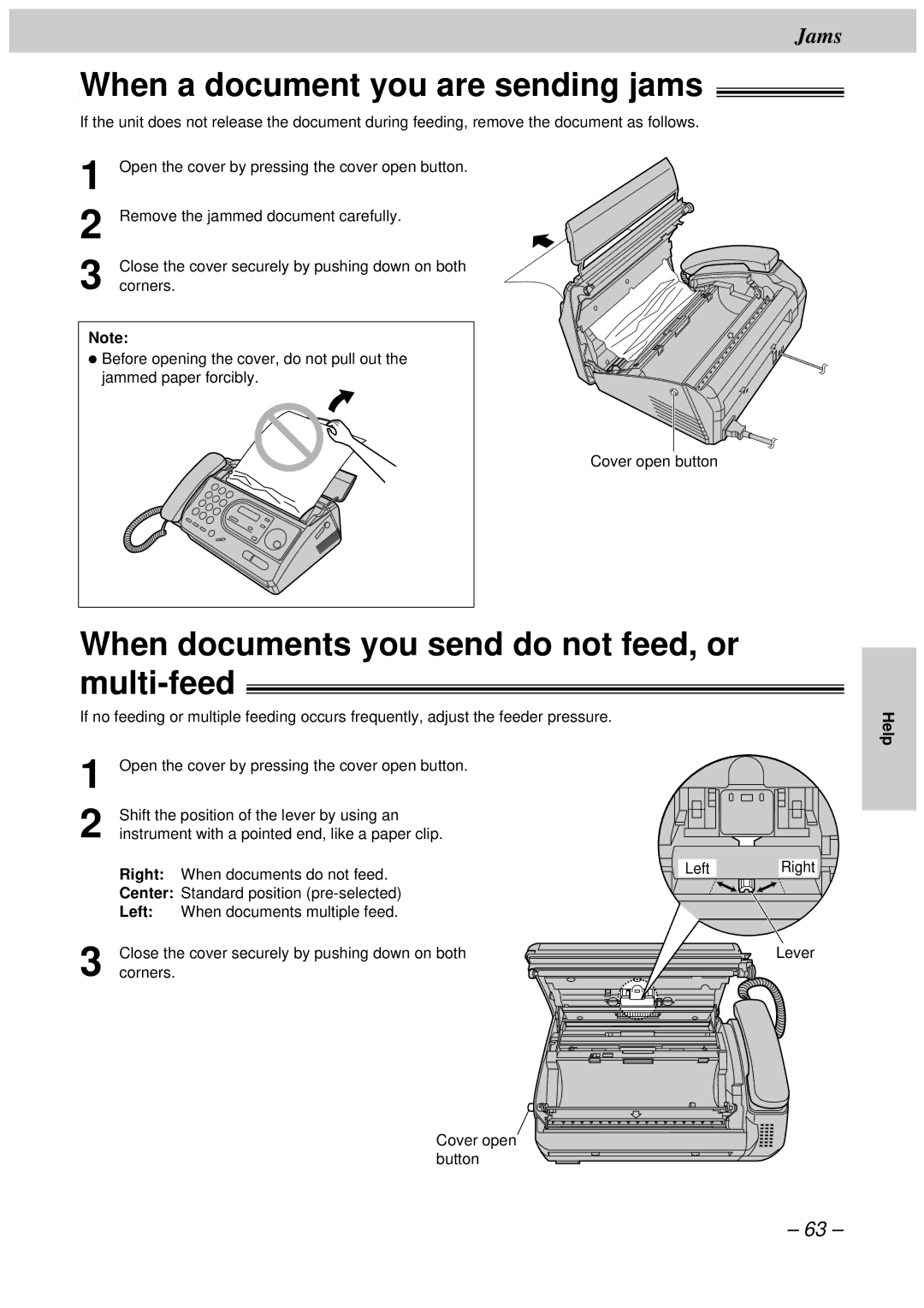 Panasonic KX-FT34HK When a document you are sending jams, When documents you send do not feed, or multi-feed, Right, Left 