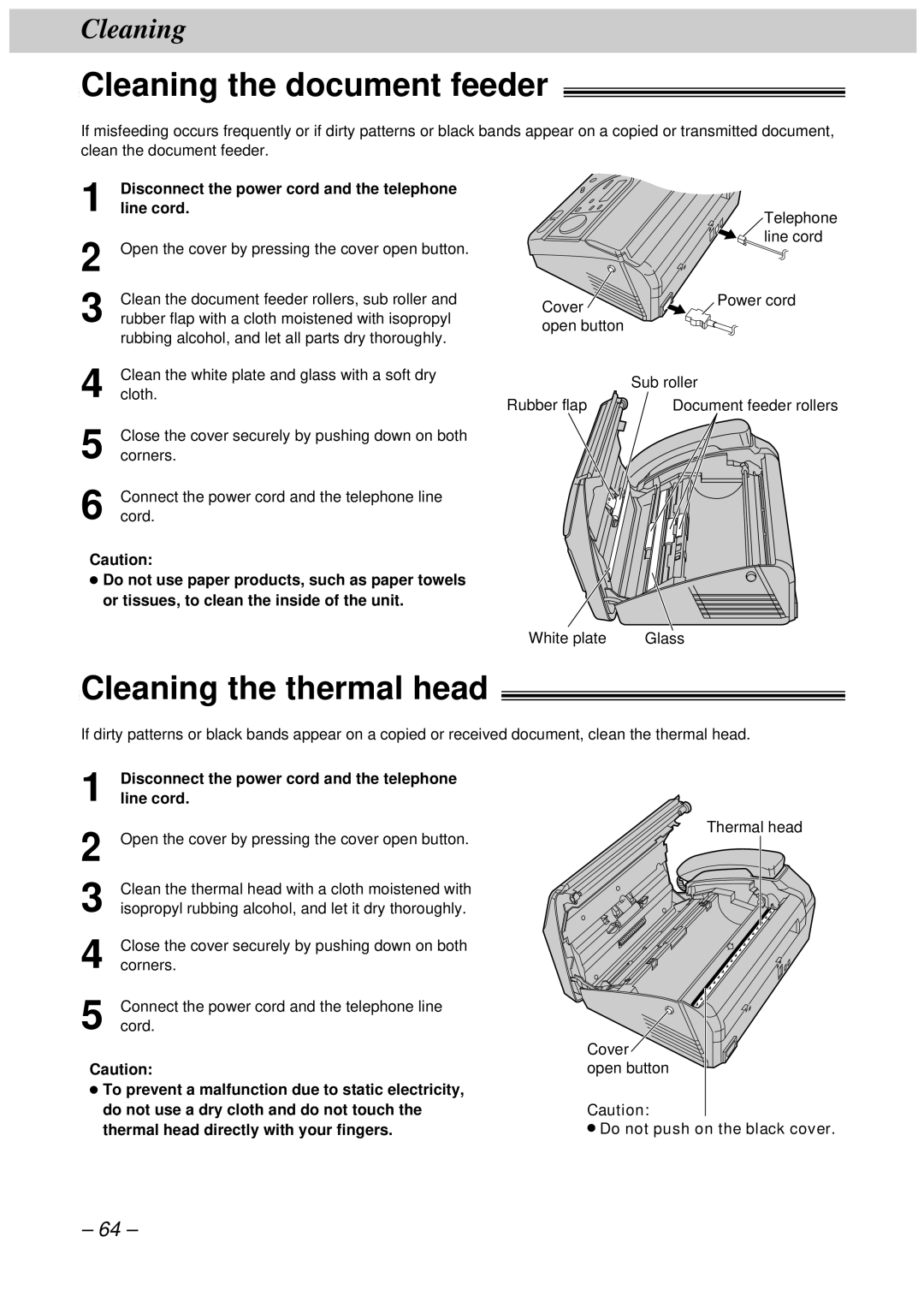 Panasonic KX-FT33HK Cleaning the document feeder, Cleaning the thermal head, Disconnect the power cord and the telephone 