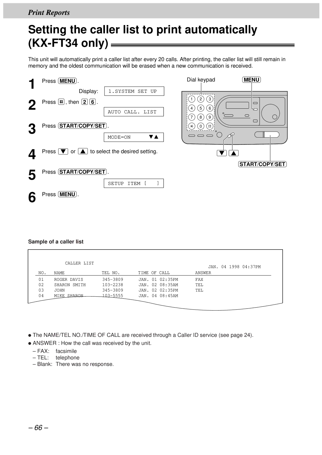 Panasonic KX-FT33HK, KX-FT34HK Setting the caller list to print automatically KX-FT34 only, Sample of a caller list 