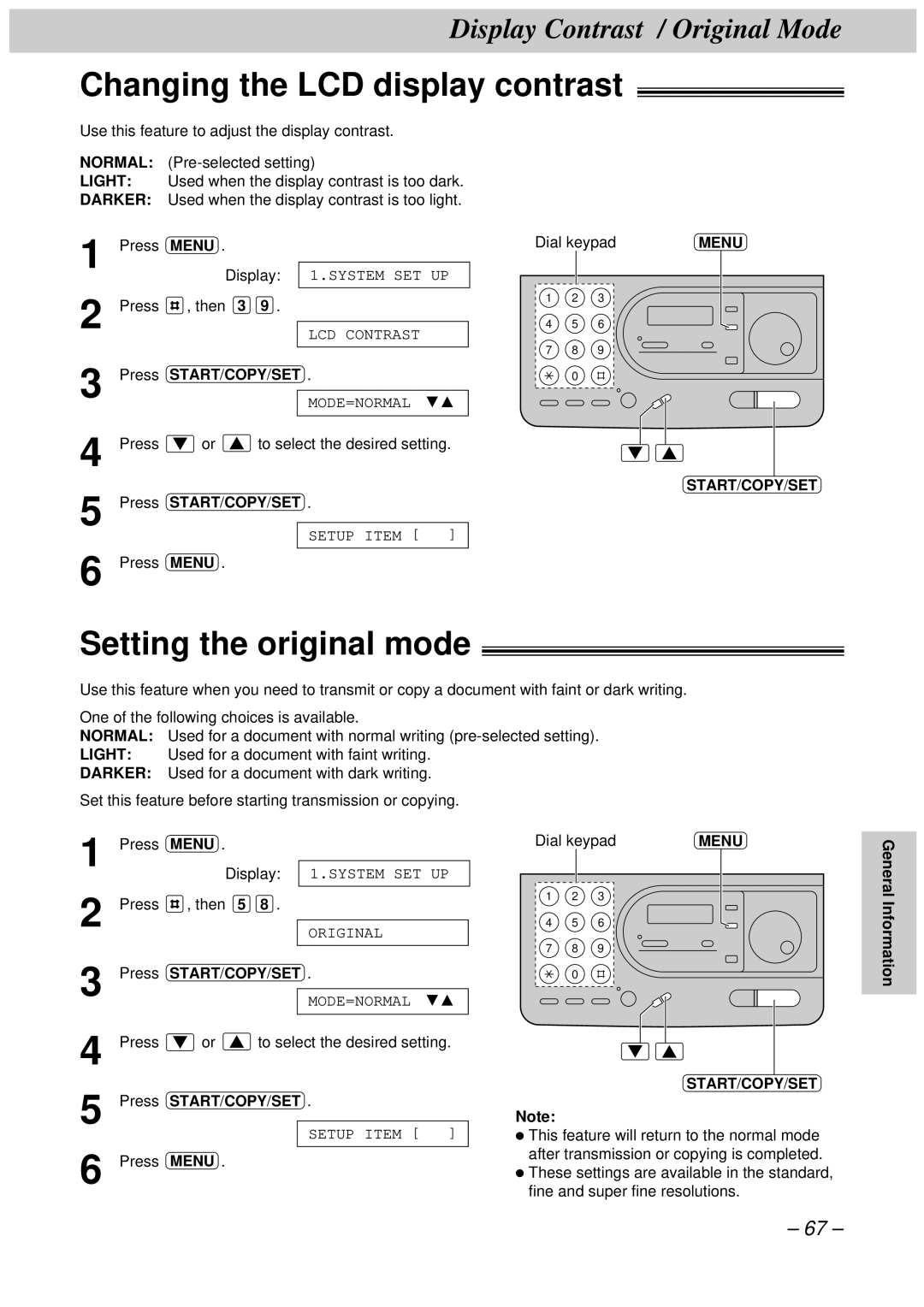 Panasonic KX-FT34HK, KX-FT33HK quick start Changing the LCD display contrast, Setting the original mode 