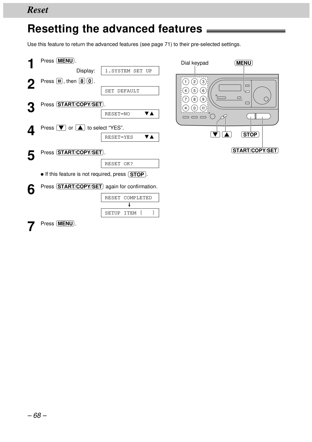 Panasonic KX-FT33HK, KX-FT34HK quick start Resetting the advanced features, Press START/COPY/SET 