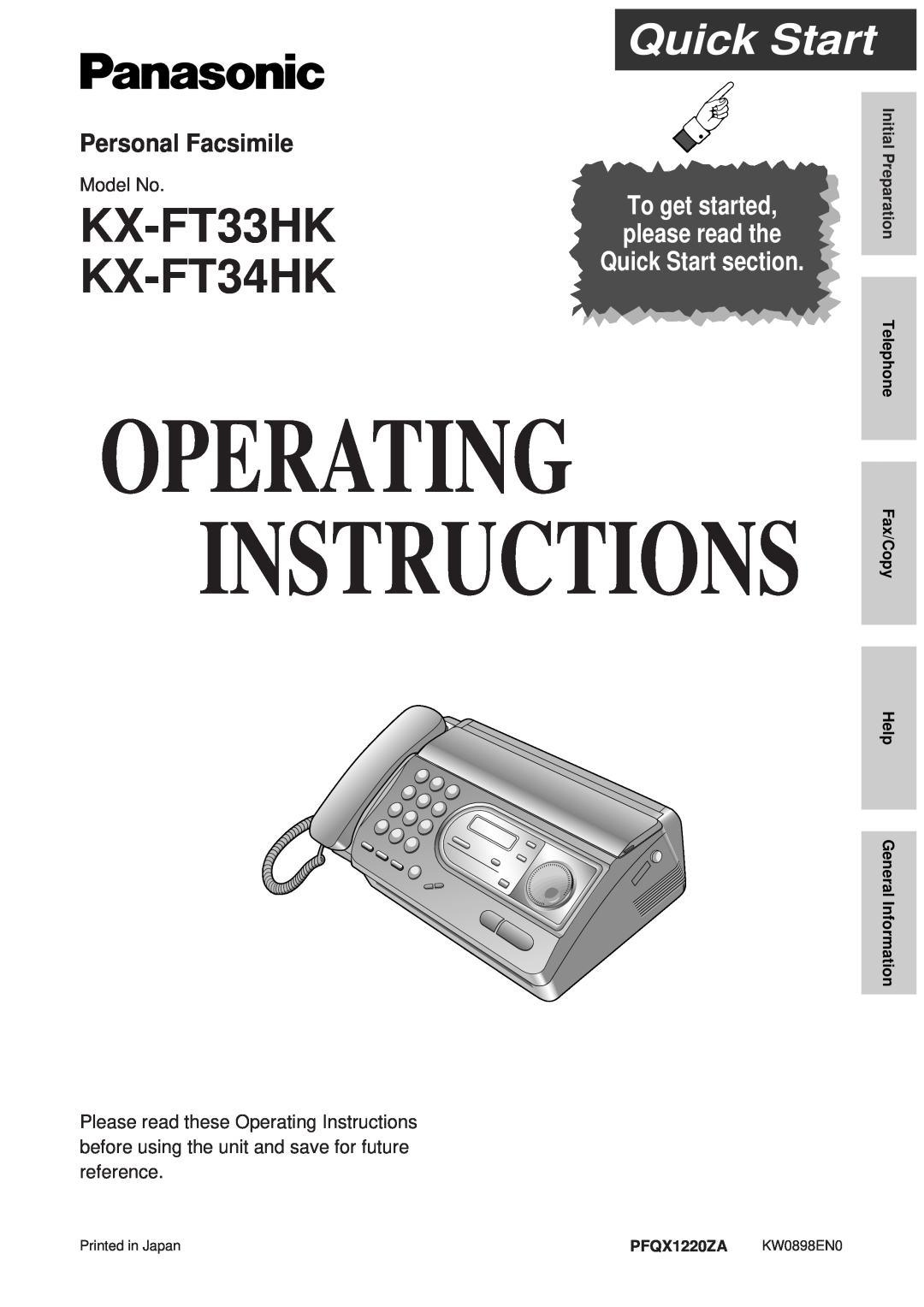 Panasonic KX-FT34HK quick start Quick Start, Personal Facsimile, Please read these Operating Instructions, KX-FT33HK 