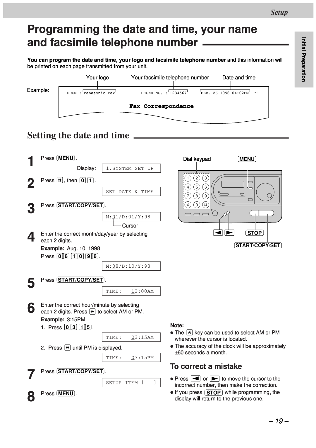Panasonic KX-FT34HK, KX-FT33HK quick start Setting the date and time, To correct a mistake, Setup, Fax Correspondence 