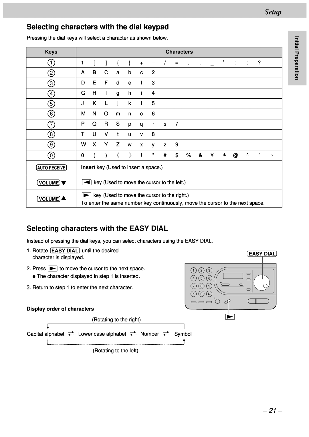Panasonic KX-FT34HK, KX-FT33HK Selecting characters with the dial keypad, Selecting characters with the EASY DIAL, Setup 