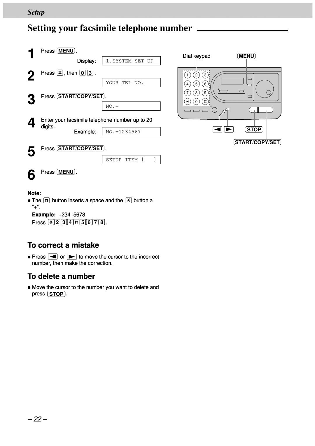 Panasonic KX-FT33HK, KX-FT34HK Setting your facsimile telephone number, To delete a number, Setup, To correct a mistake 