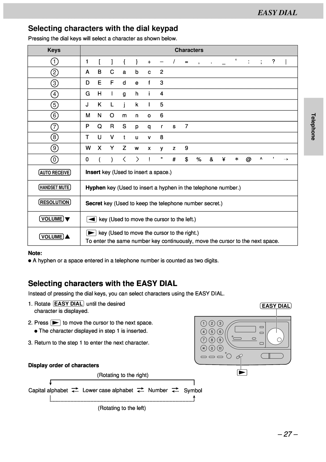Panasonic KX-FT34HK Easy Dial, Selecting characters with the dial keypad, Selecting characters with the EASY DIAL 
