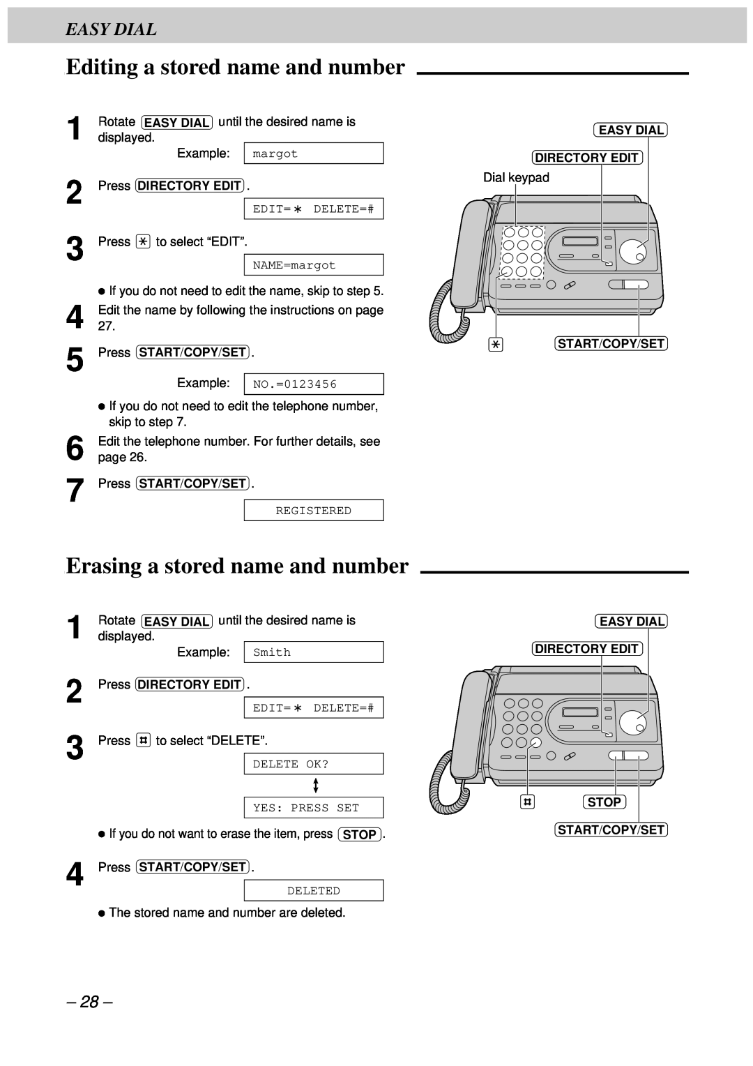 Panasonic KX-FT33HK, KX-FT34HK quick start Editing a stored name and number, Erasing a stored name and number, Easy Dial 