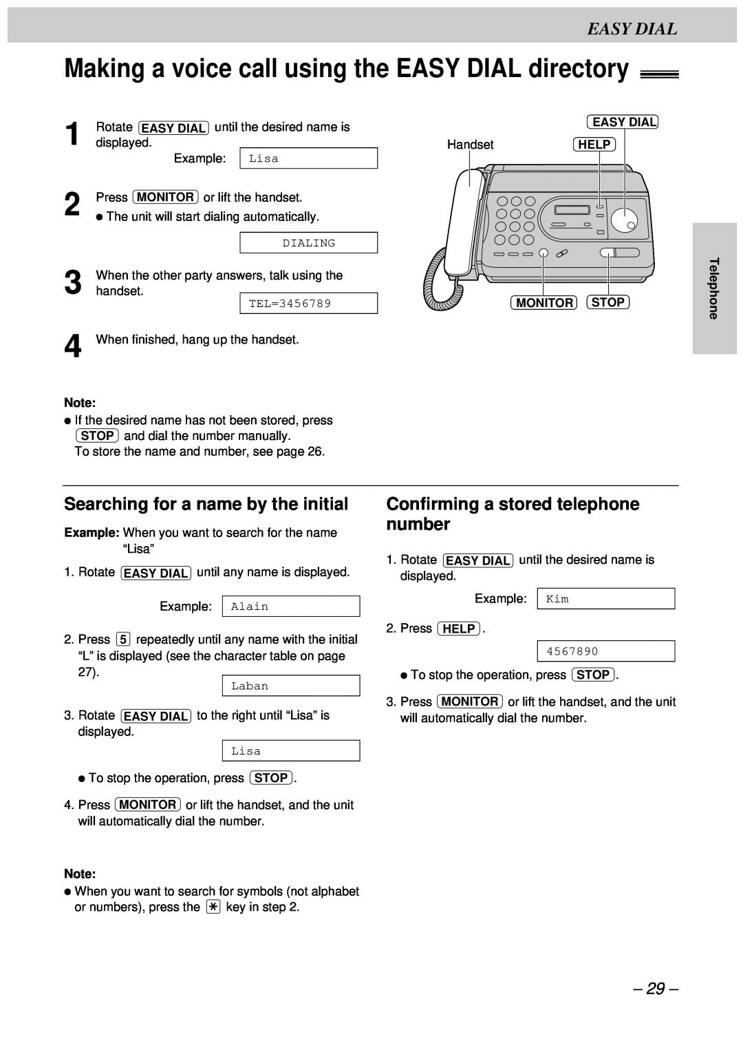 Panasonic KX-FT34HK Making a voice call using the EASY DIAL directory, Searching for a name by the initial, Easy Dial 