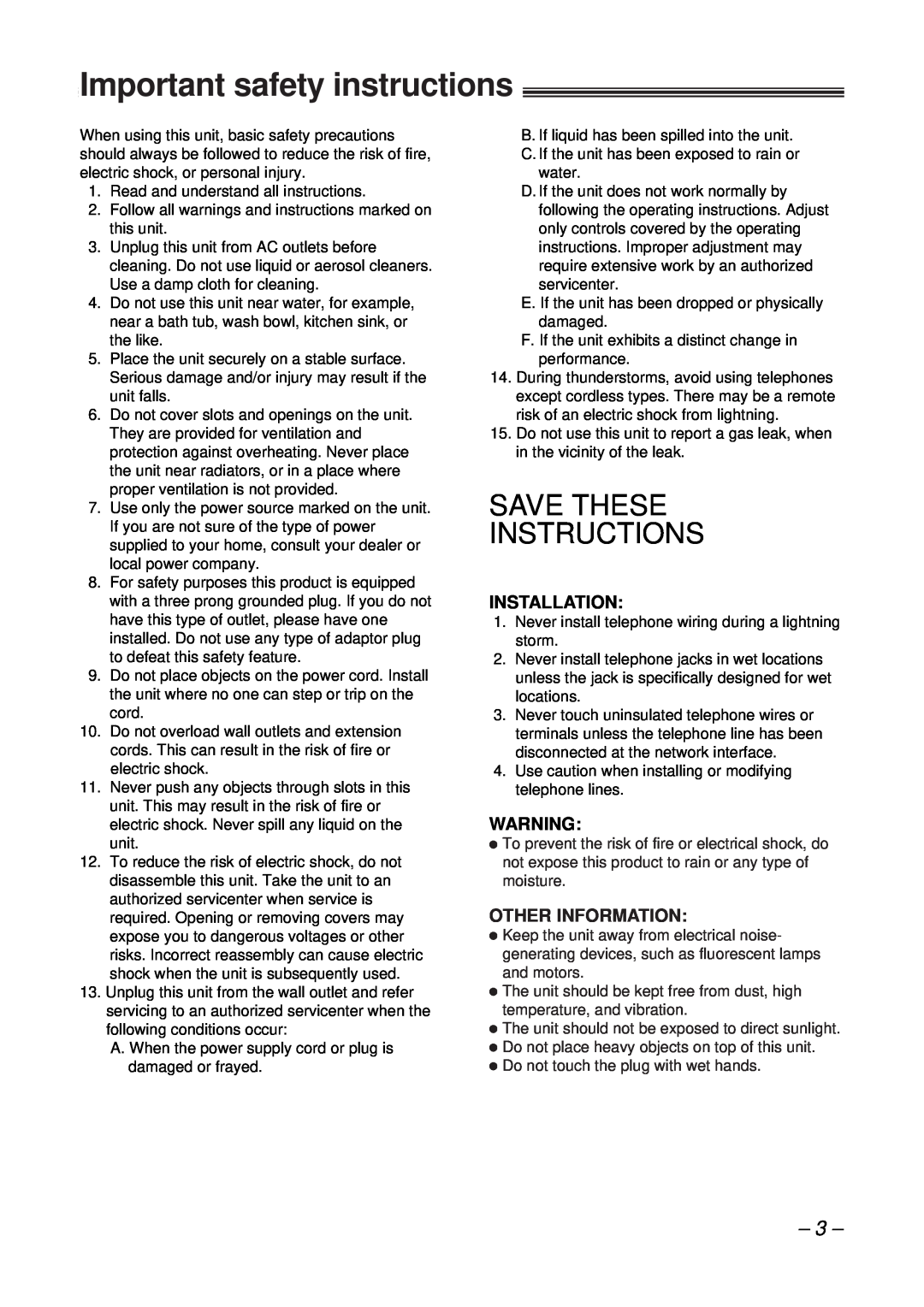 Panasonic KX-FT34HK, KX-FT33HK Important safety instructions, Save These Instructions, Installation, Other Information 