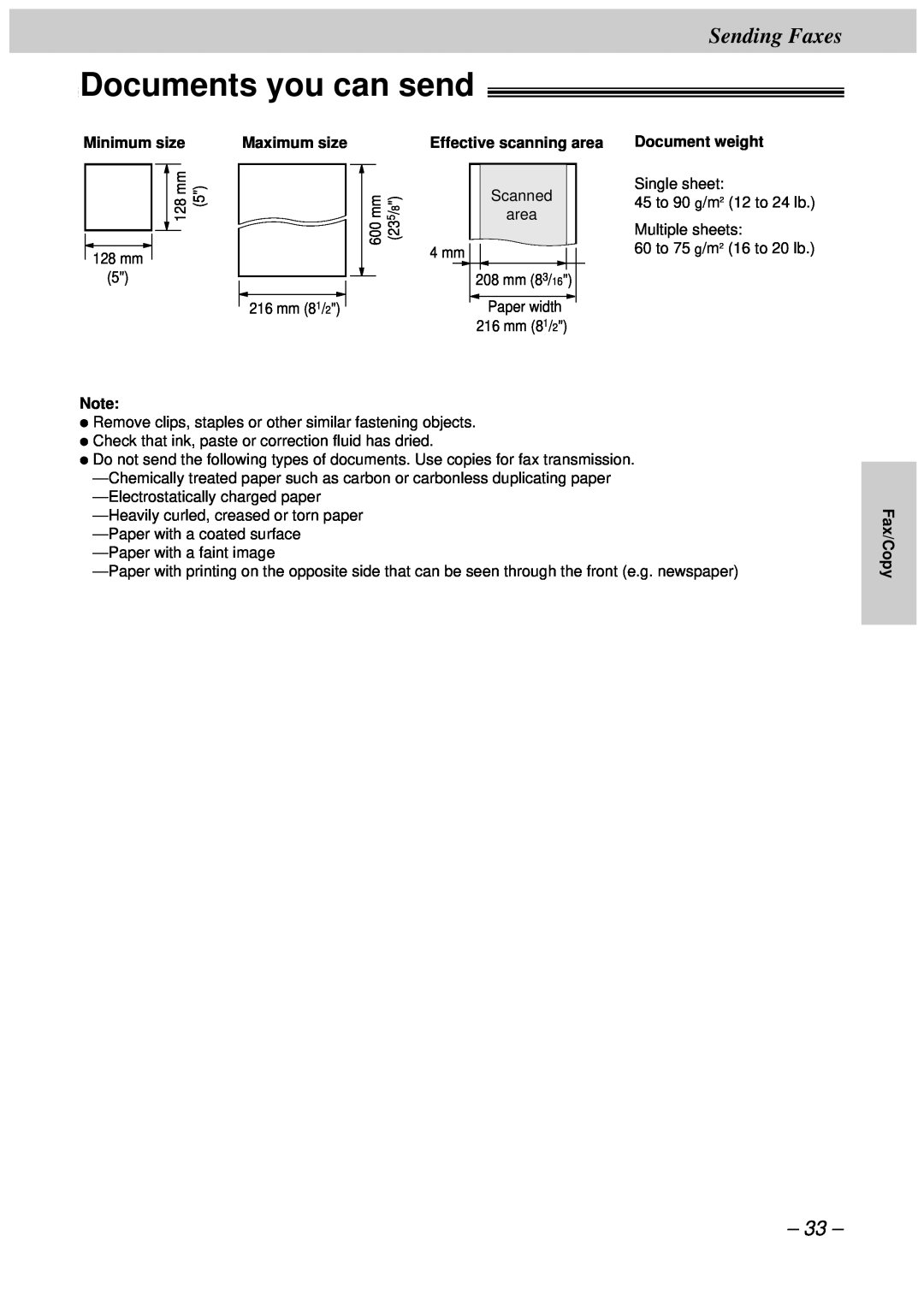 Panasonic KX-FT34HK, KX-FT33HK quick start Documents you can send, Sending Faxes 