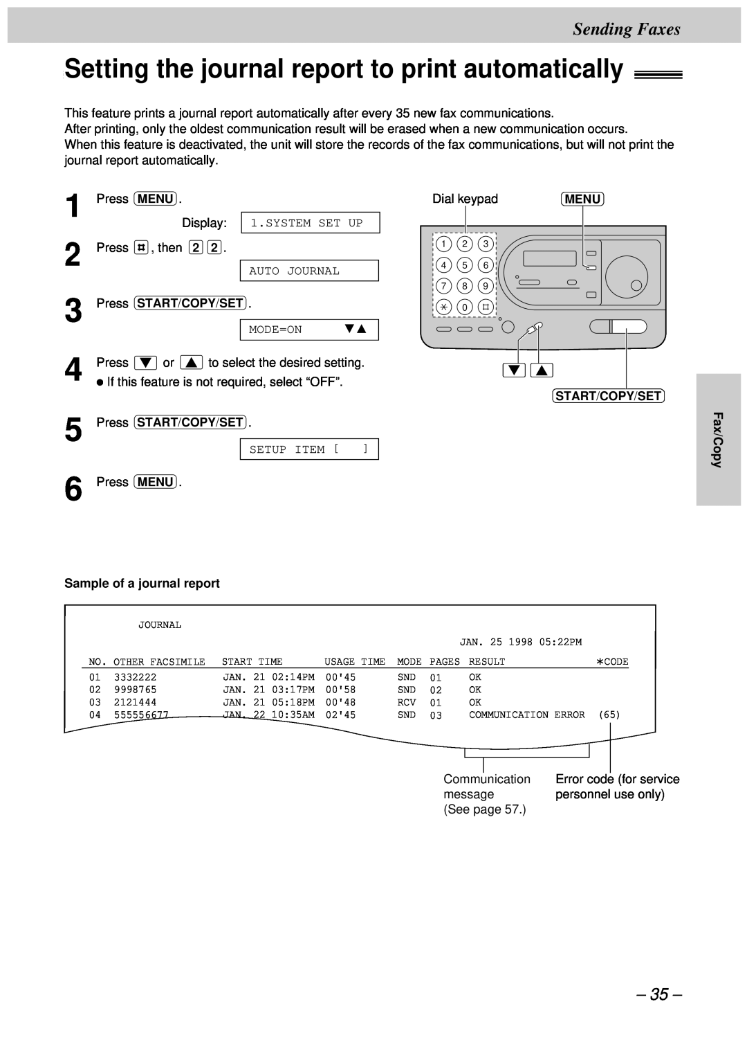 Panasonic KX-FT34HK, KX-FT33HK Setting the journal report to print automatically, Sending Faxes, Code, Communication Error 
